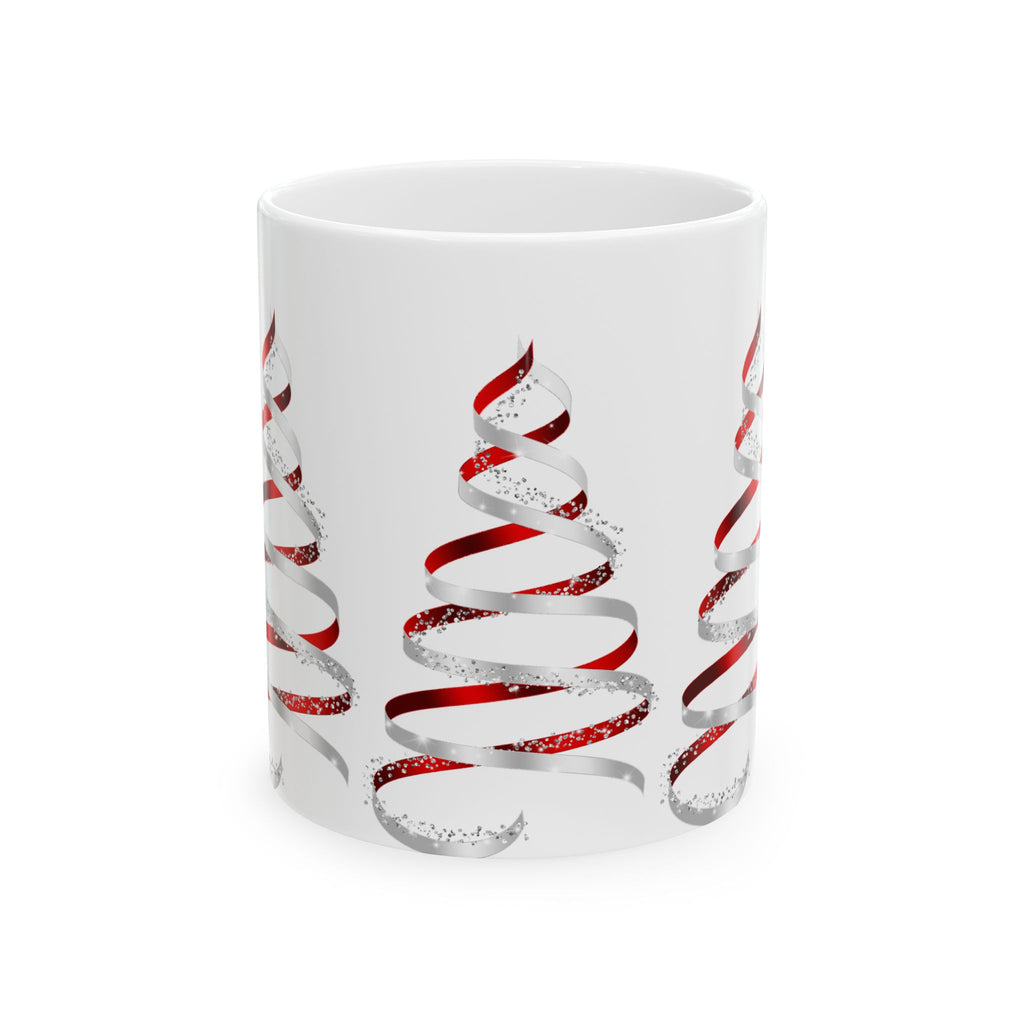 Christmas Ribbon Tree Mug — Festive Red Spiral Holiday Ceramic Coffee Cup (11oz/15oz)