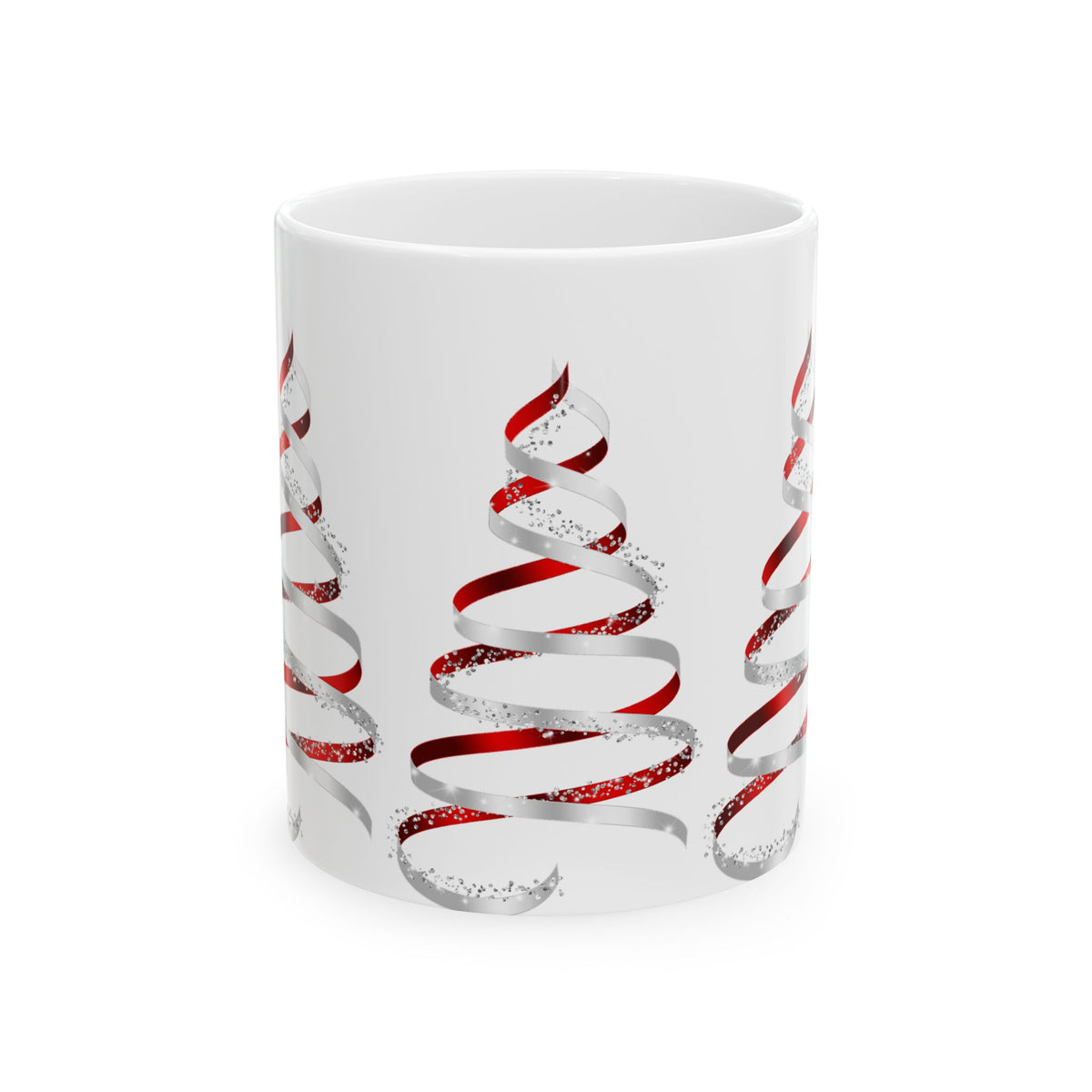 Christmas Ribbon Tree Mug — Festive Red Spiral Holiday Ceramic Coffee Cup (11oz/15oz)