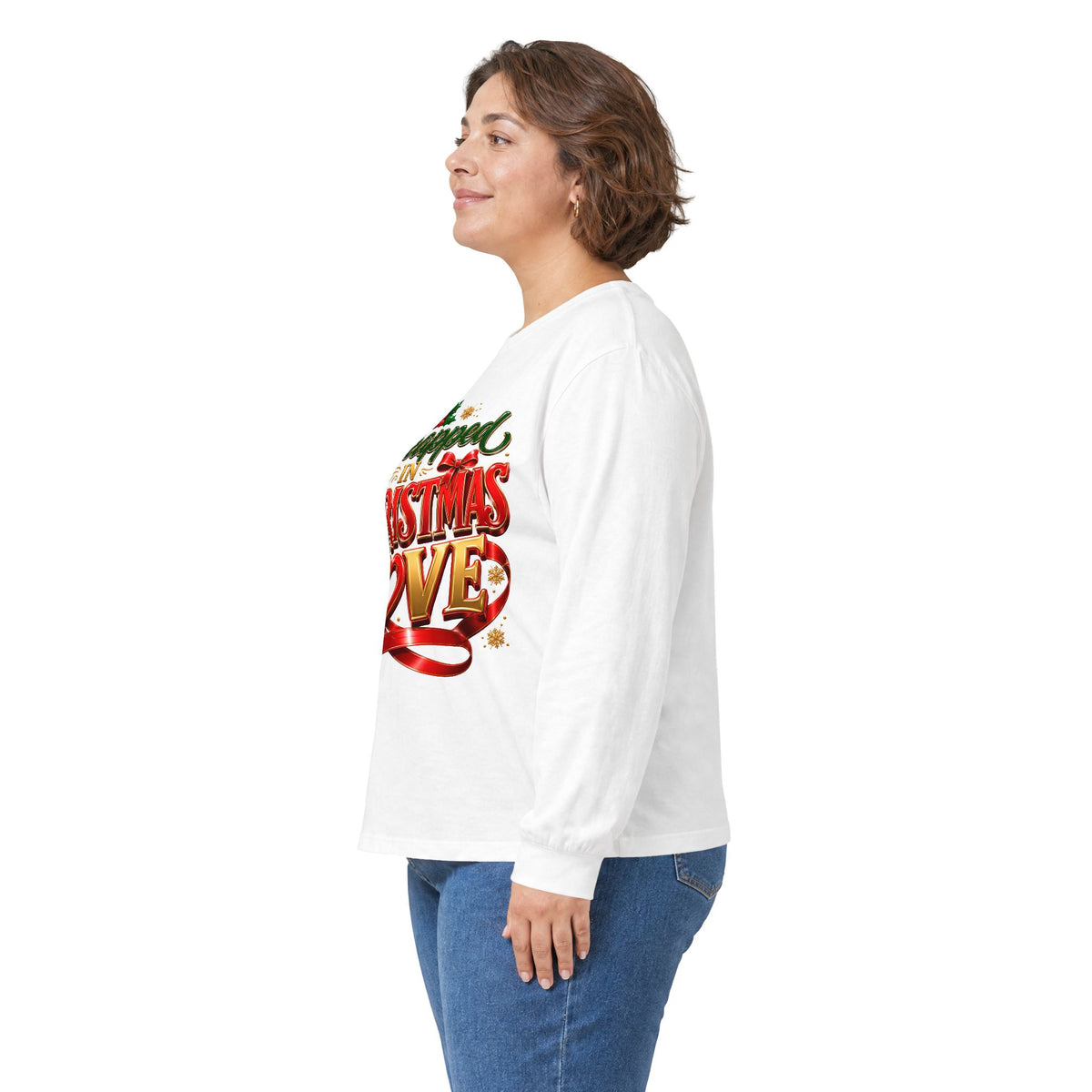 Long Sleeve Tee — "Wrapped in Christmas Love" Holiday Graphic Shirt