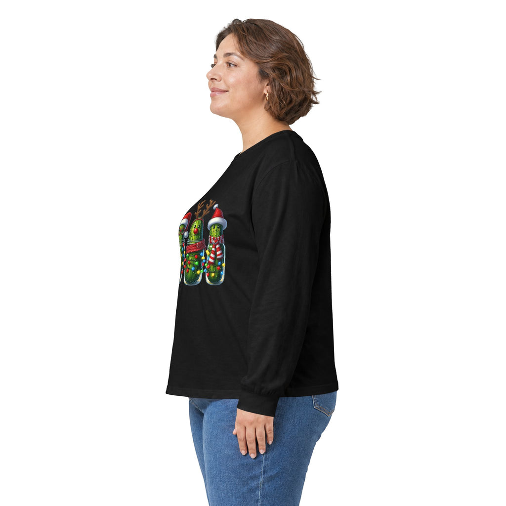 Long Sleeve Tee - Christmas Pickle Family with Santa Hat & Reindeer Holiday Design