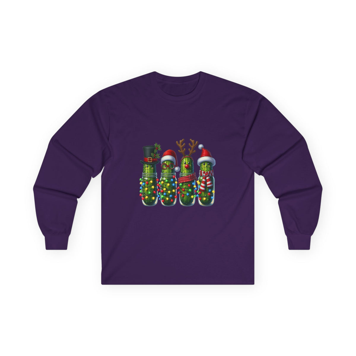 Long Sleeve Tee - Christmas Pickle Family with Santa Hat & Reindeer Holiday Design