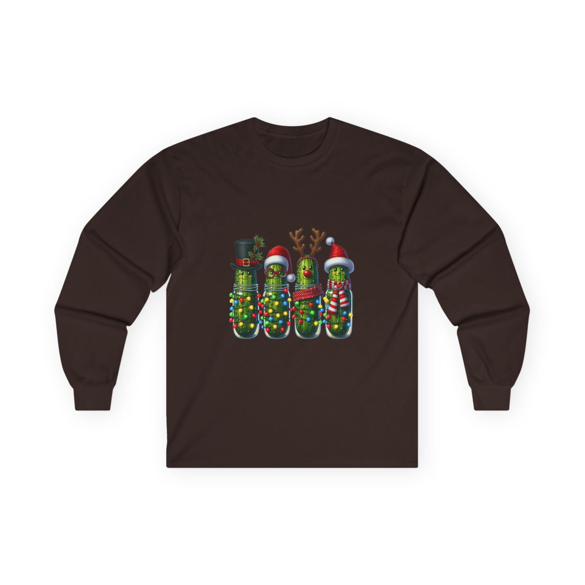 Long Sleeve Tee - Christmas Pickle Family with Santa Hat & Reindeer Holiday Design