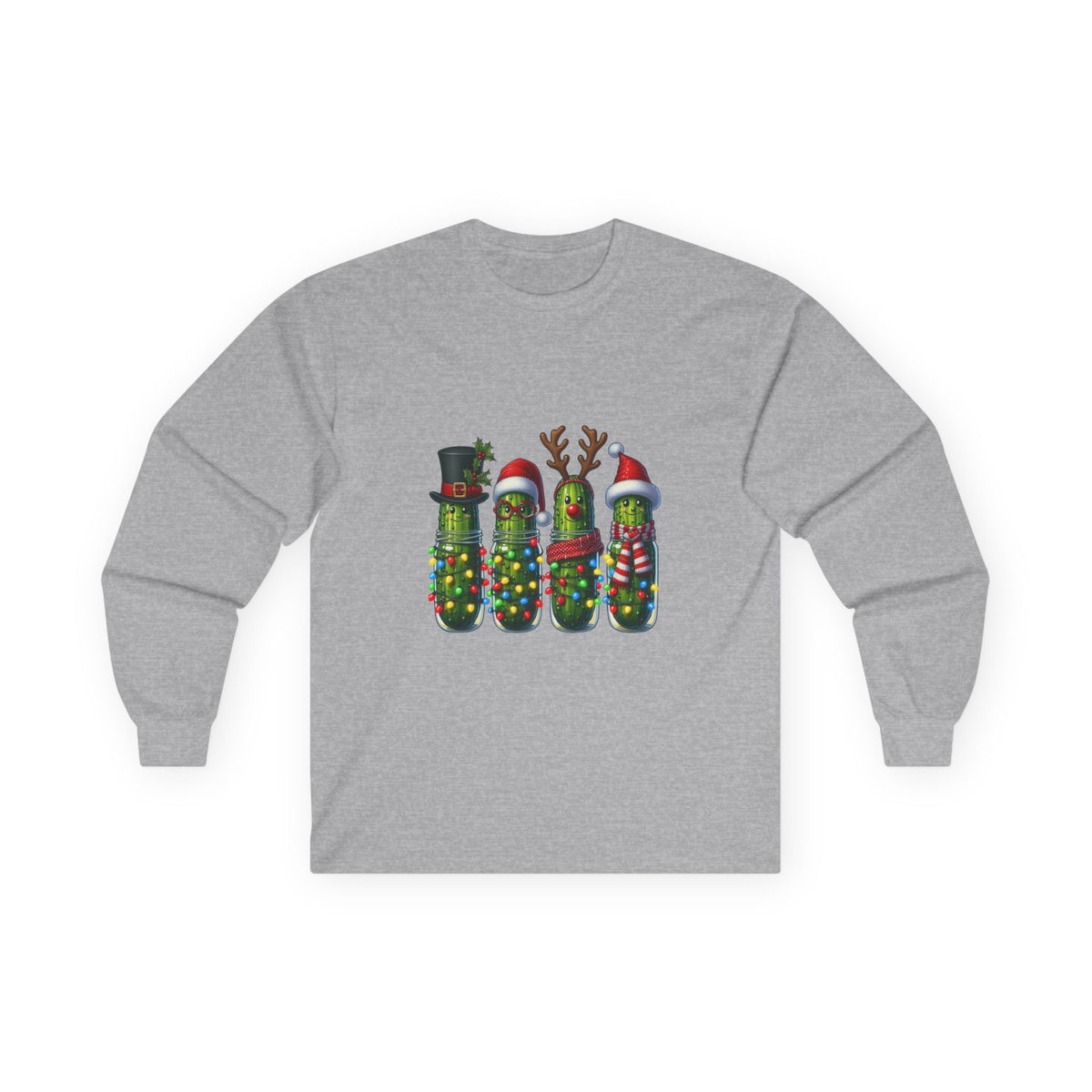 Long Sleeve Tee - Christmas Pickle Family with Santa Hat & Reindeer Holiday Design