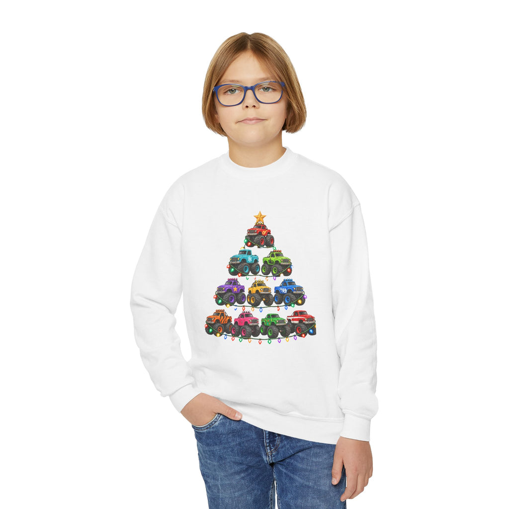 Youth Crewneck Sweatshirt — Colorful Monster Truck Christmas Tree Holiday Sweatshirt
