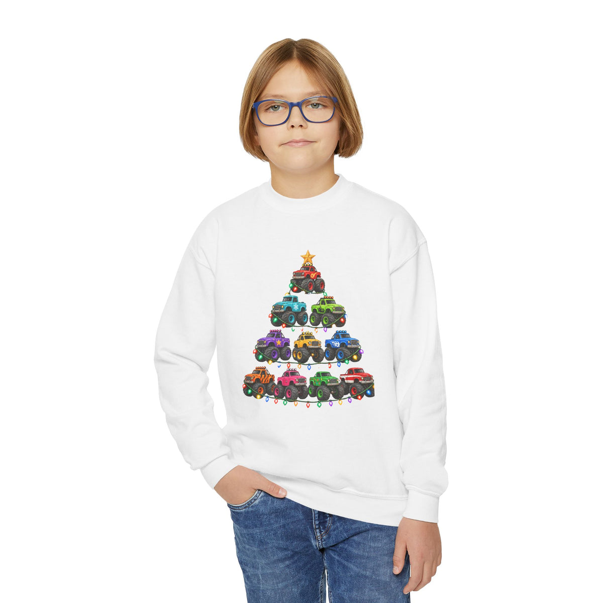 Youth Crewneck Sweatshirt — Colorful Monster Truck Christmas Tree Holiday Sweatshirt