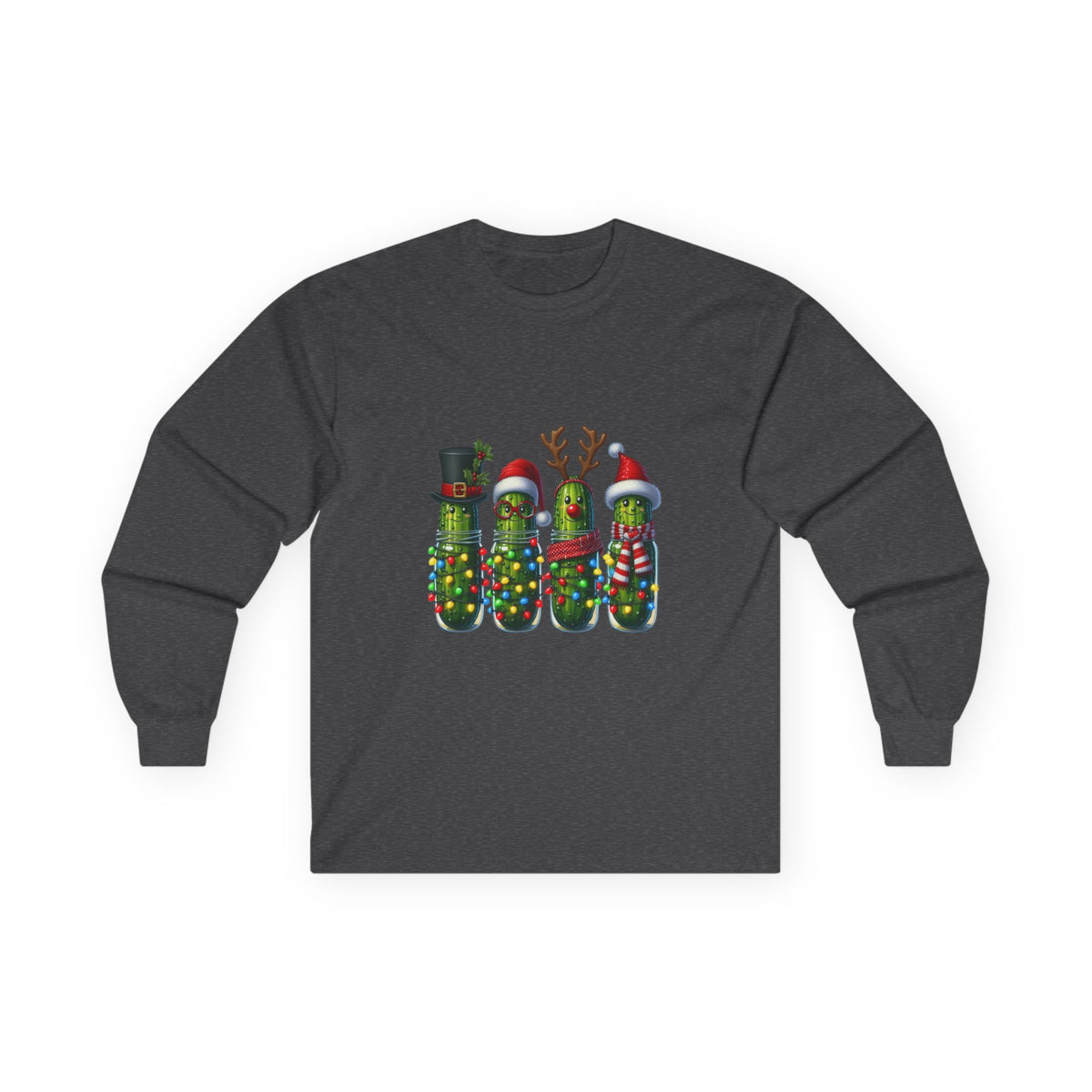 Long Sleeve Tee - Christmas Pickle Family with Santa Hat & Reindeer Holiday Design