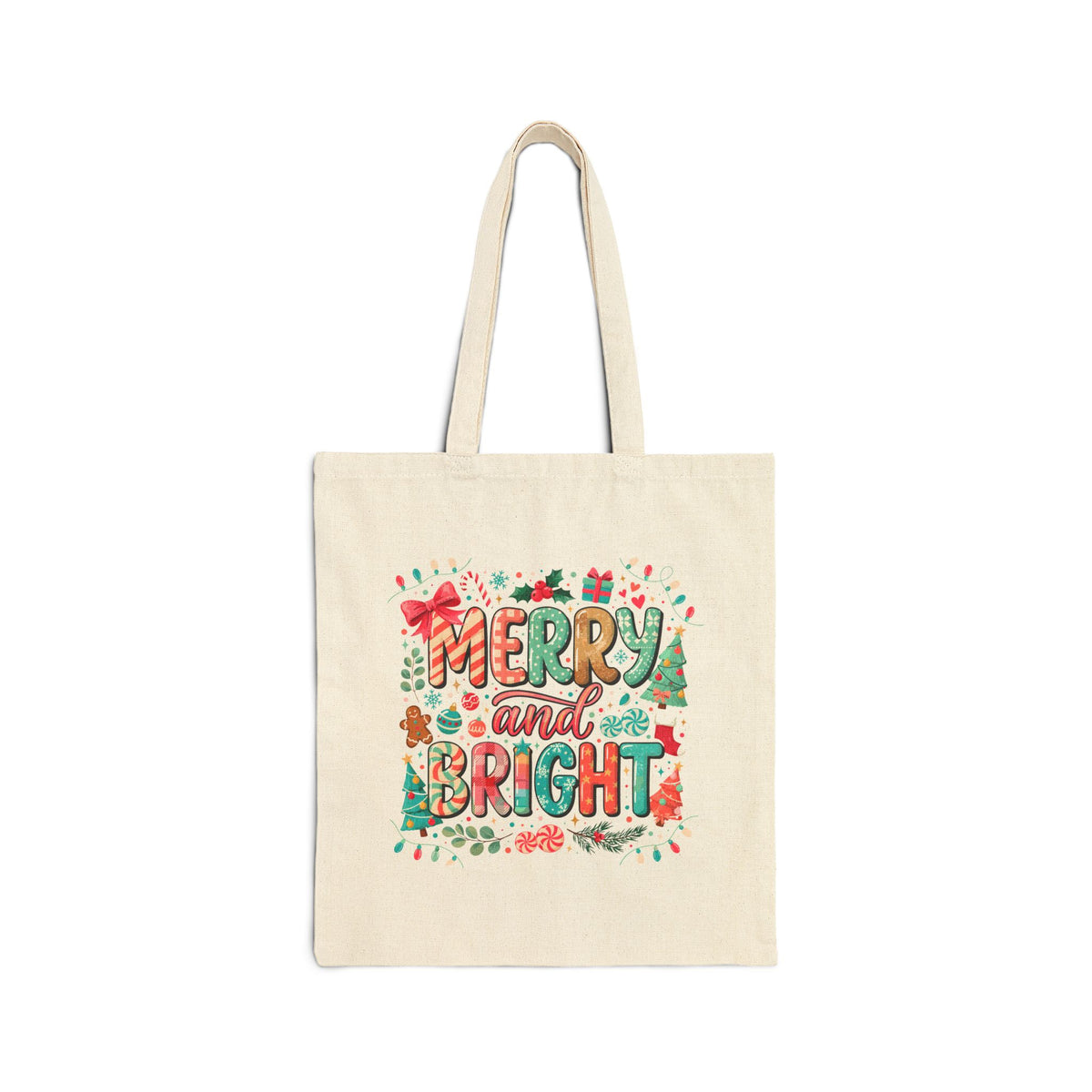 Holiday Tote Bag — “Merry and Bright” Christmas Canvas Tote