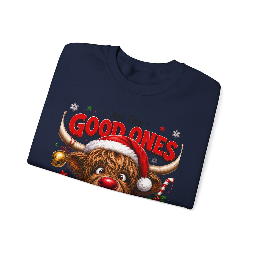 Christmas Naughty Cow Sweatshirt — "All the Good Ones Are a Little Naughty" Holiday Crewneck