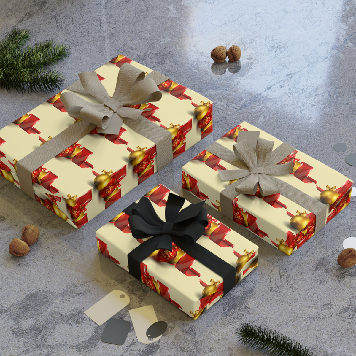 Holiday Gift Wrap Roll — Red Presents & Gold Ornaments Christmas Wrapping Paper
