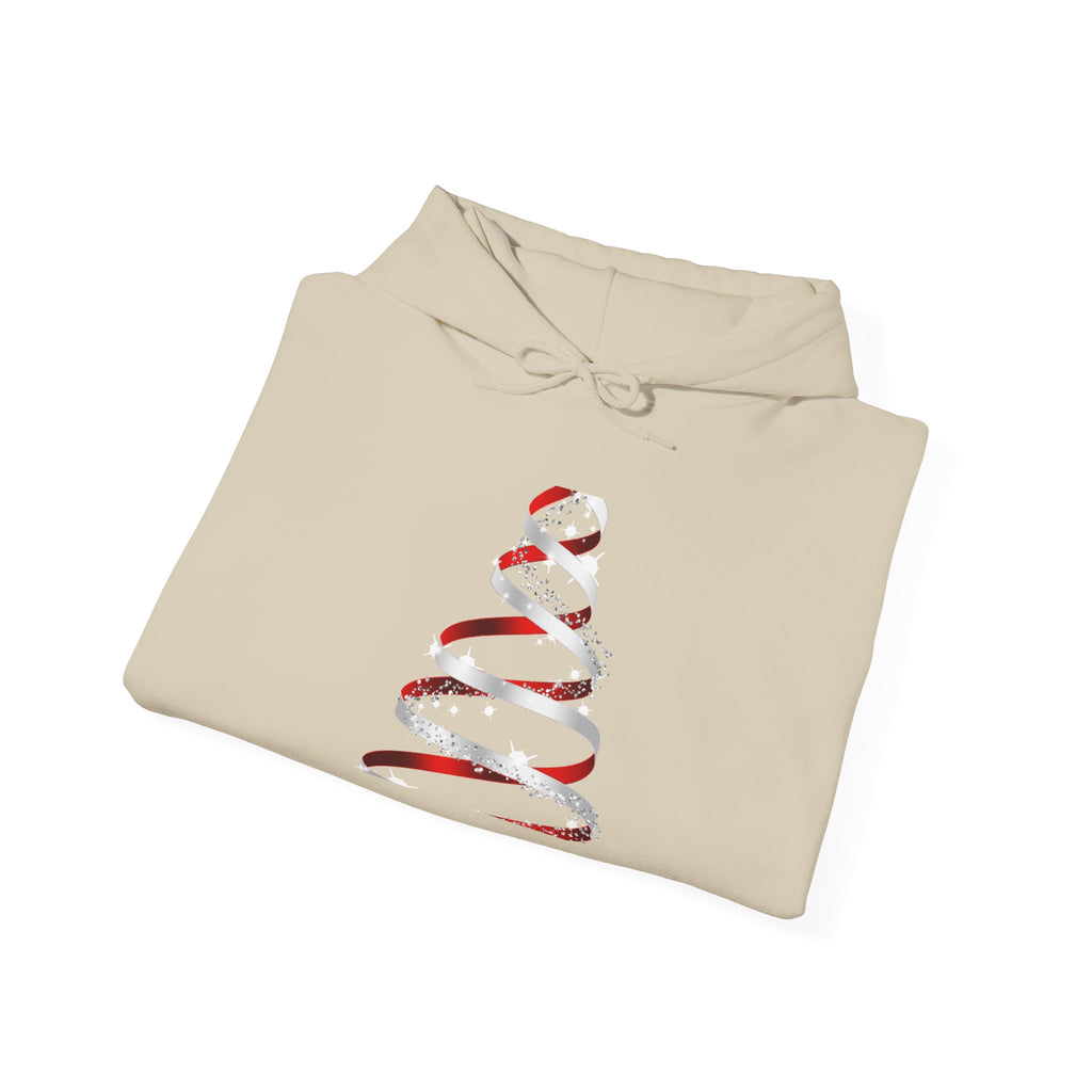Christmas Ribbon Tree Hoodie — Minimal Red Ribbon Holiday Sweatshirt
