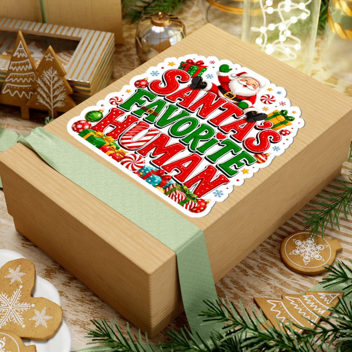 Santa's Favorite Human Kiss-Cut Sticker — Cute Christmas Laptop Decal