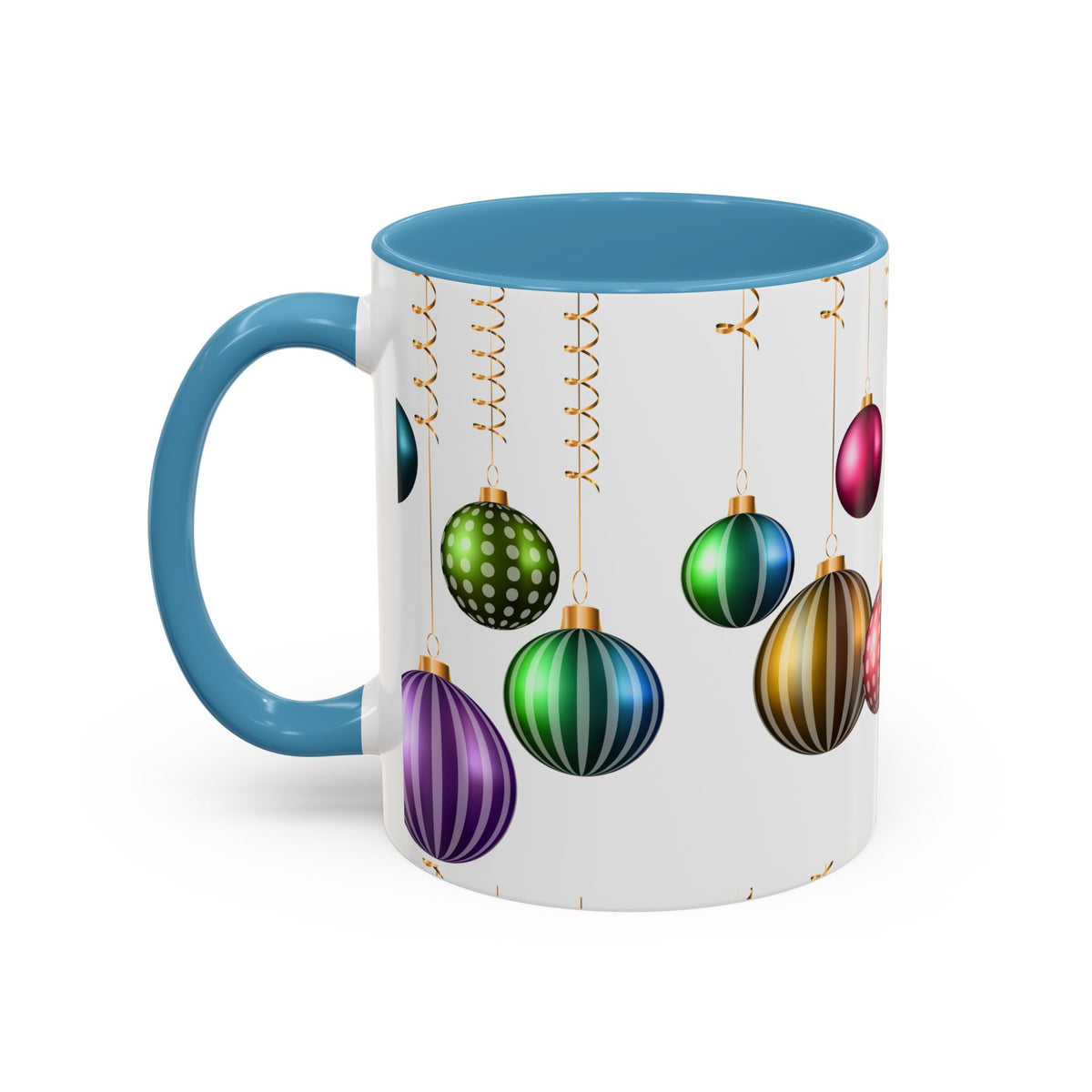 Holiday Ornament Accent Coffee Mug — Colorful Hanging Baubles 11/15oz