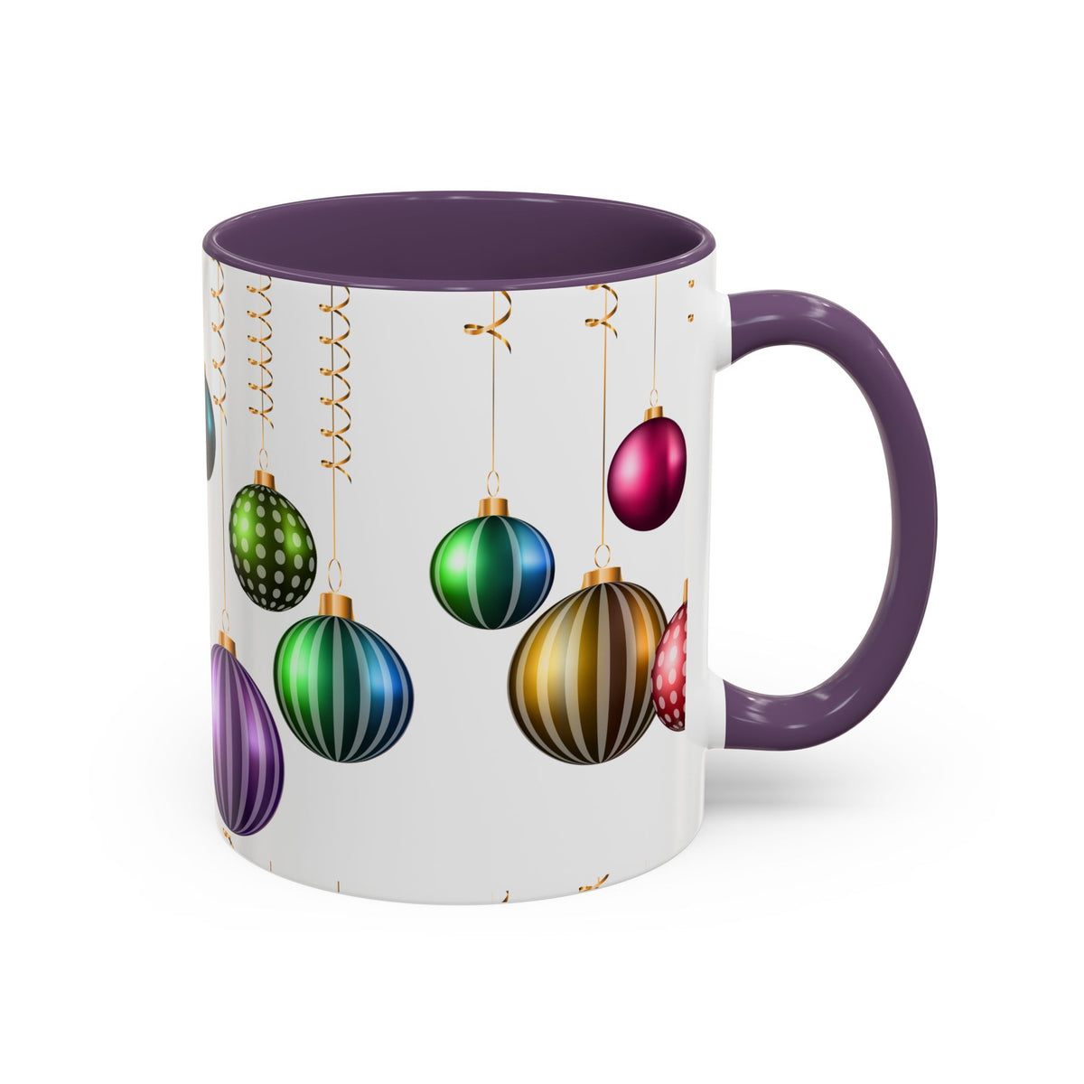 Holiday Ornament Accent Coffee Mug — Colorful Hanging Baubles 11/15oz