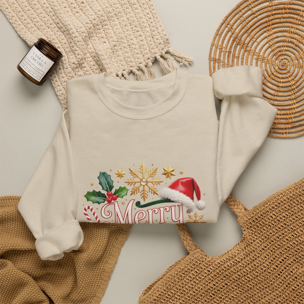 Merry Christmas Crewneck Sweatshirt — Festive Santa Hat & Holly Holiday Pullover