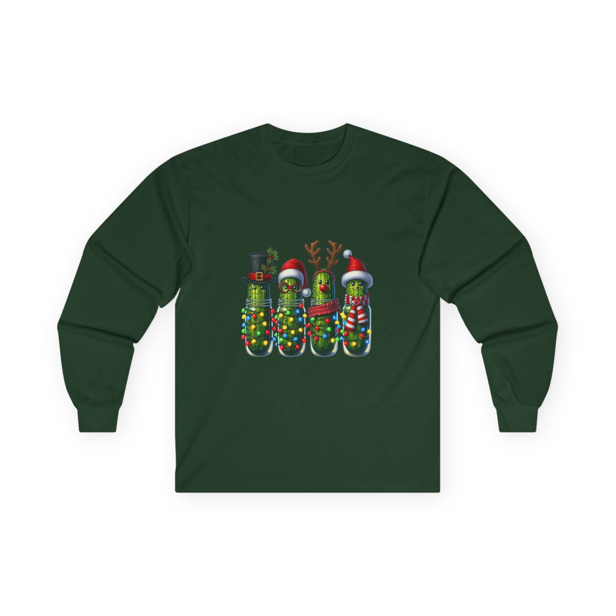 Long Sleeve Tee - Christmas Pickle Family with Santa Hat & Reindeer Holiday Design