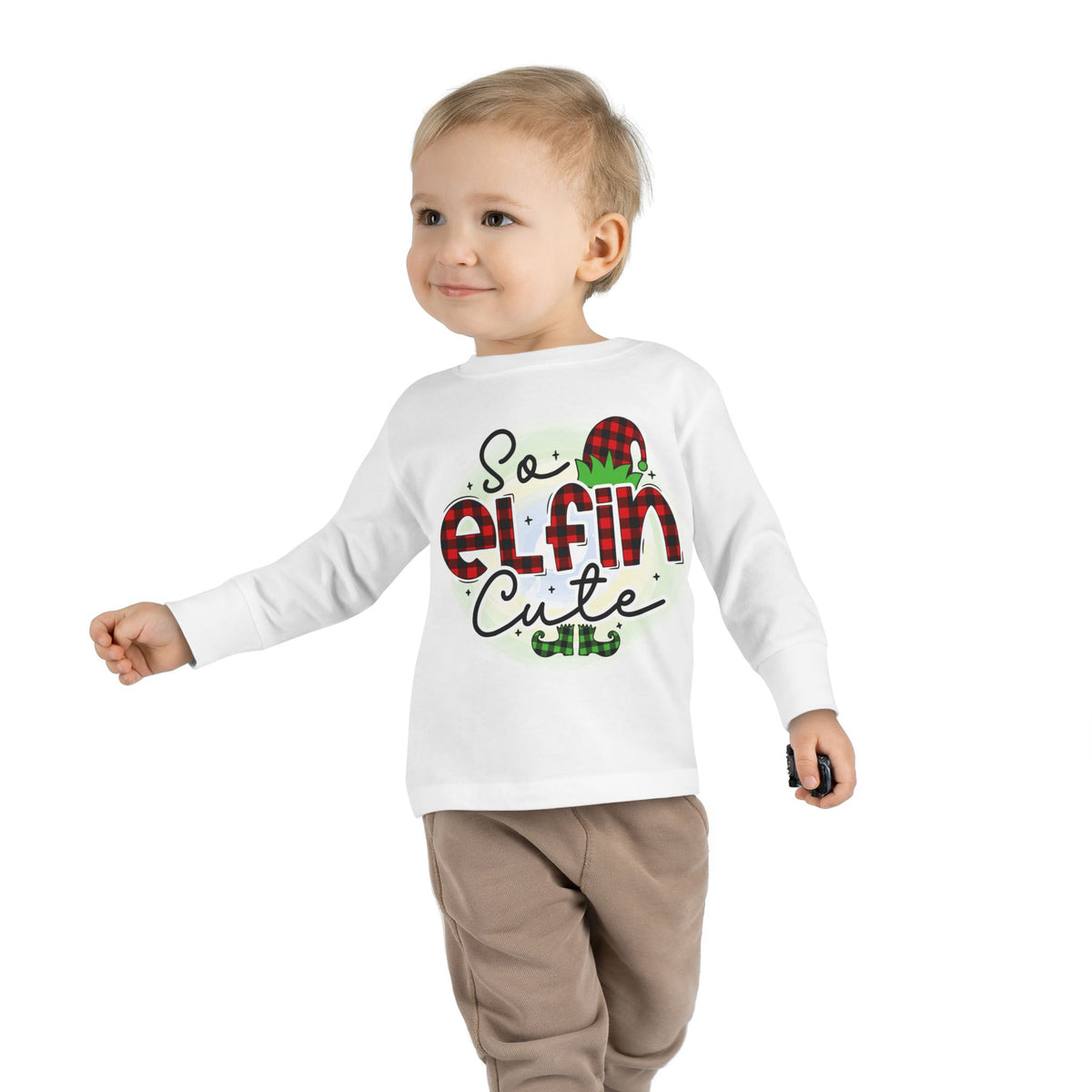 So Elfin Cute Toddler Long Sleeve Tee - Plaid Elf Hat Christmas Shirt