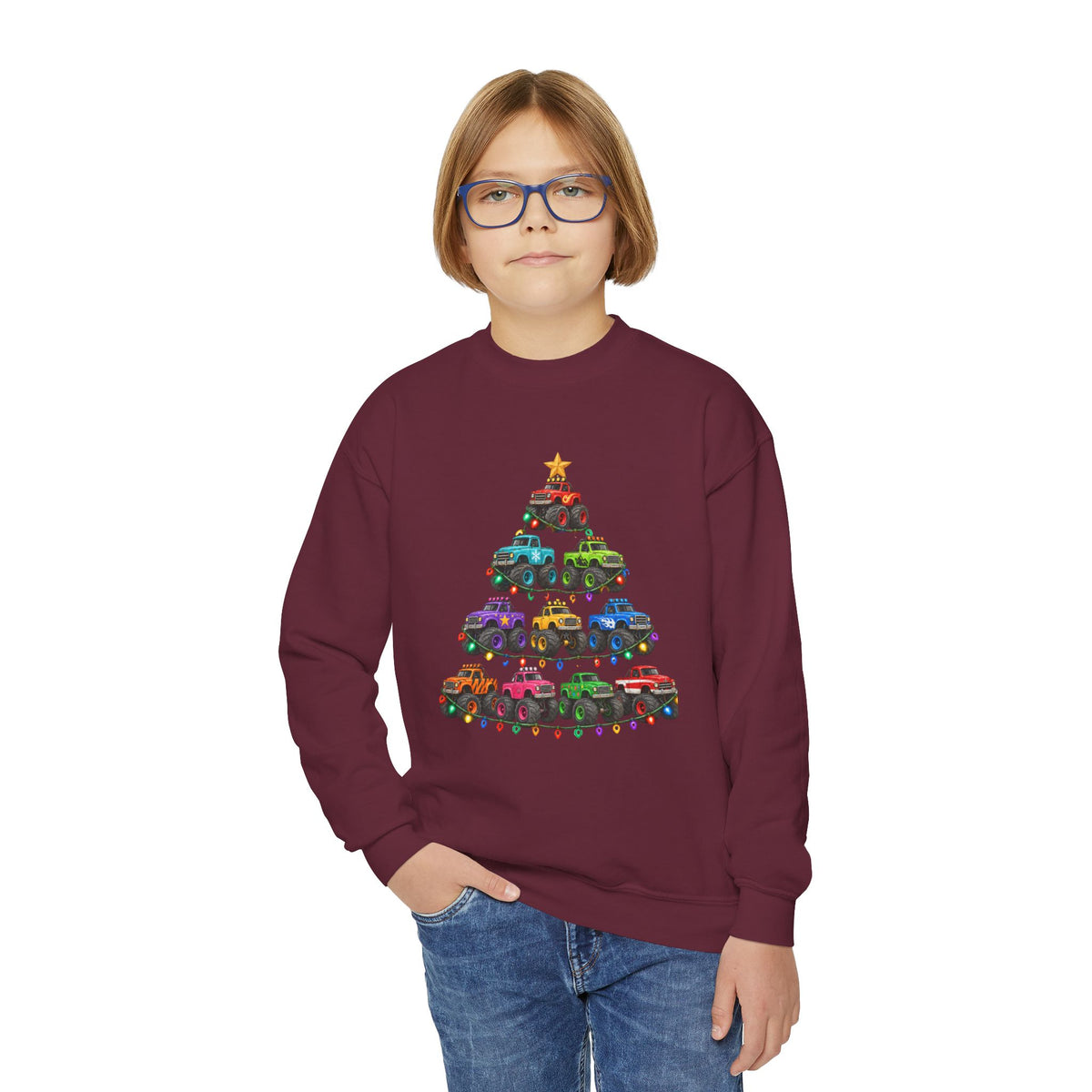 Youth Crewneck Sweatshirt — Colorful Monster Truck Christmas Tree Holiday Sweatshirt