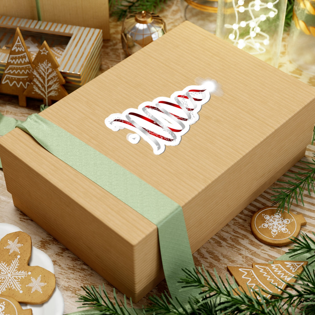 Christmas Ribbon Tree Sticker — Red & White Spiral Holiday Kiss-Cut Sticker