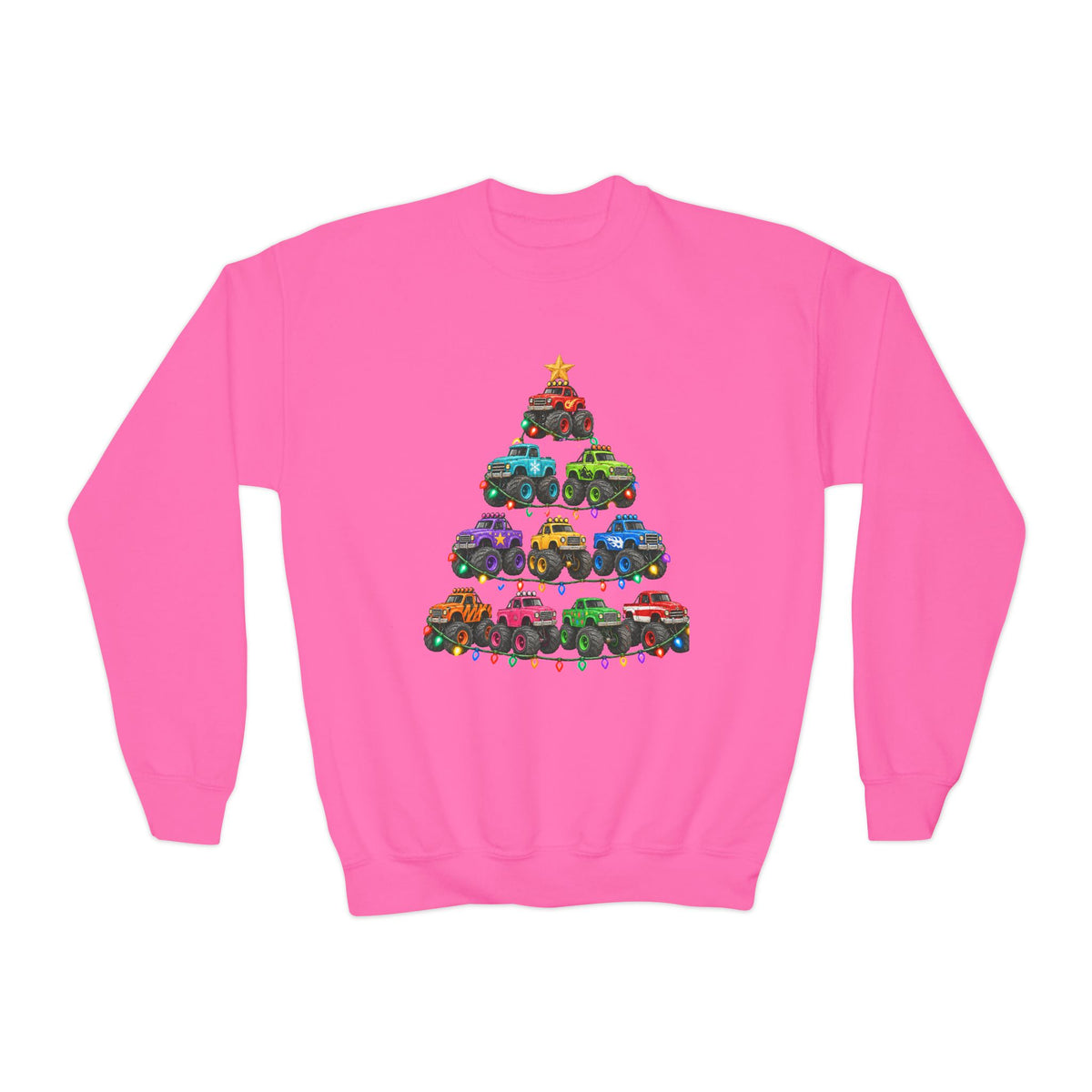 Youth Crewneck Sweatshirt — Colorful Monster Truck Christmas Tree Holiday Sweatshirt