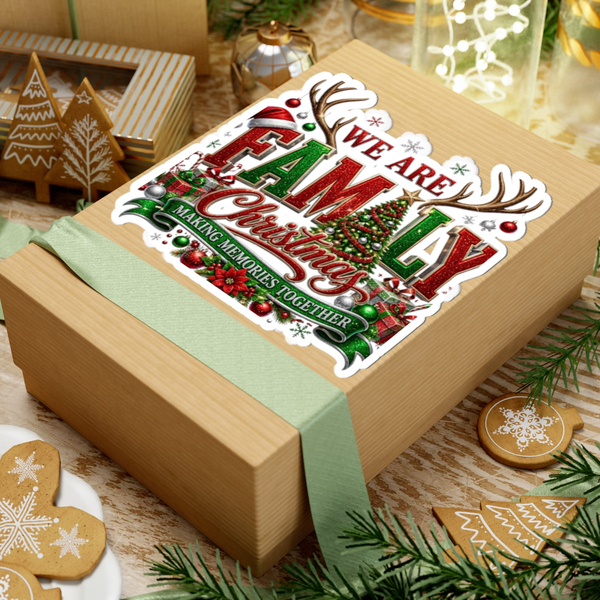 Family Christmas Sticker — “We Are Family” Holiday Kiss-Cut Sticker