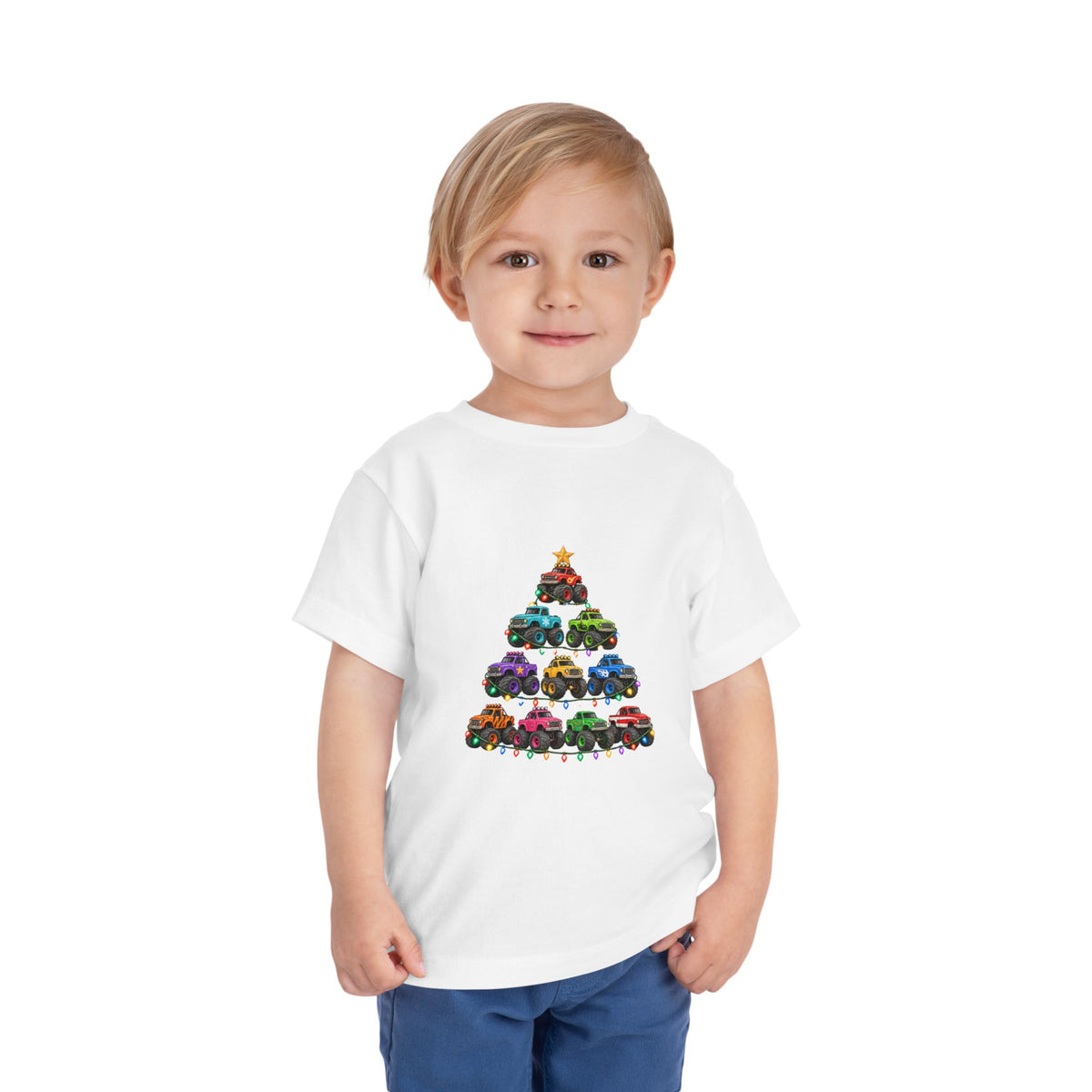 Toddler Tee — Colorful Monster Truck Christmas Tree Holiday Shirt