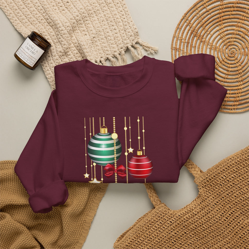 Holiday Ornaments Crewneck Sweatshirt — Hanging Baubles & Stars Christmas Sweater