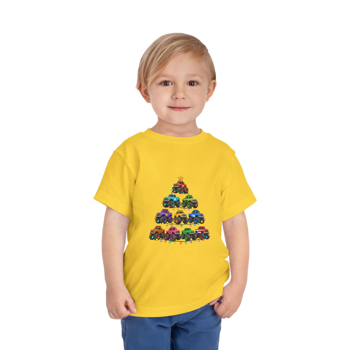 Toddler Tee — Colorful Monster Truck Christmas Tree Holiday Shirt