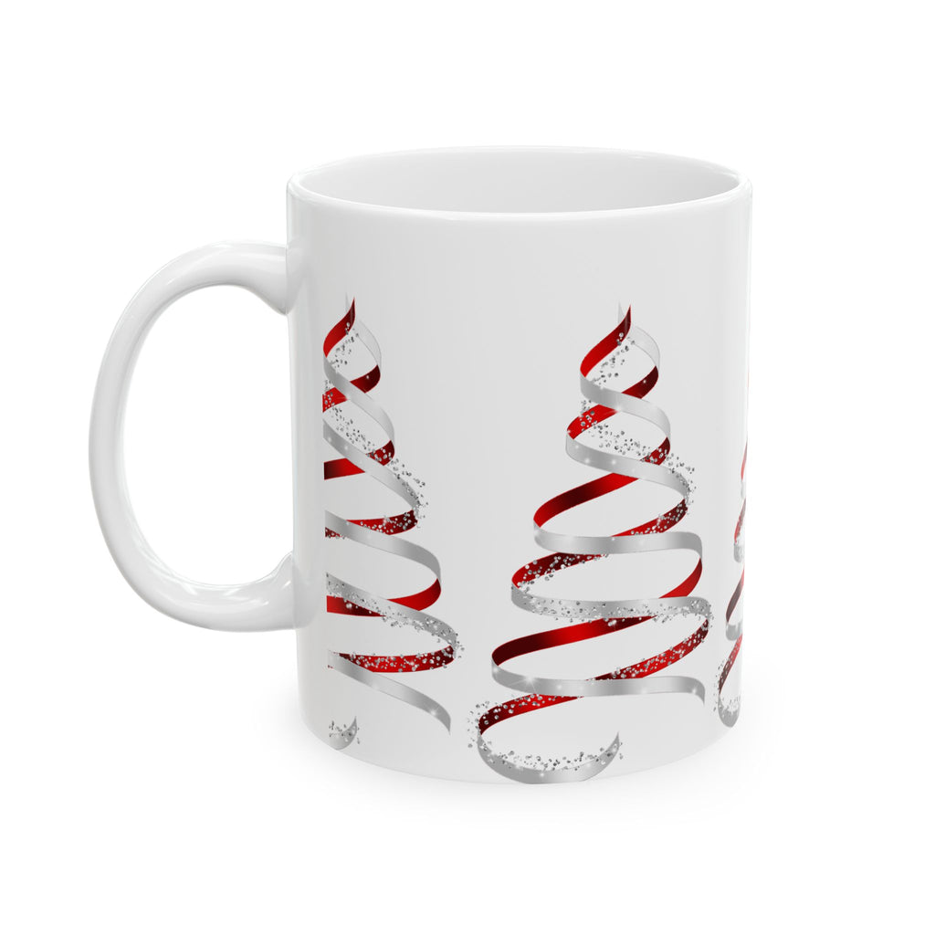 Christmas Ribbon Tree Mug — Festive Red Spiral Holiday Ceramic Coffee Cup (11oz/15oz)