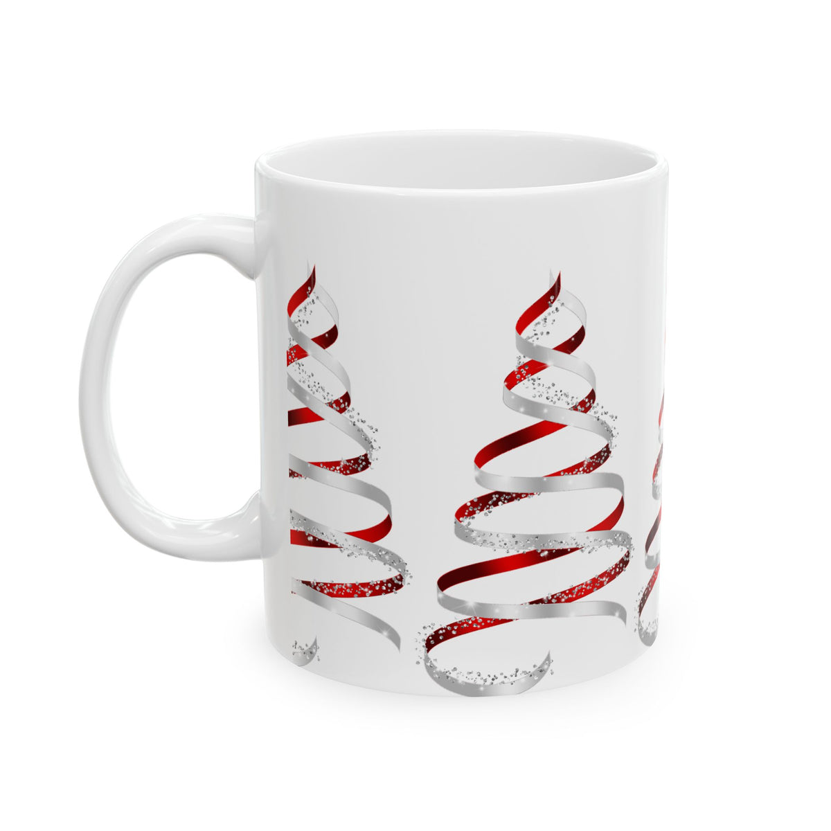 Christmas Ribbon Tree Mug — Festive Red Spiral Holiday Ceramic Coffee Cup (11oz/15oz)