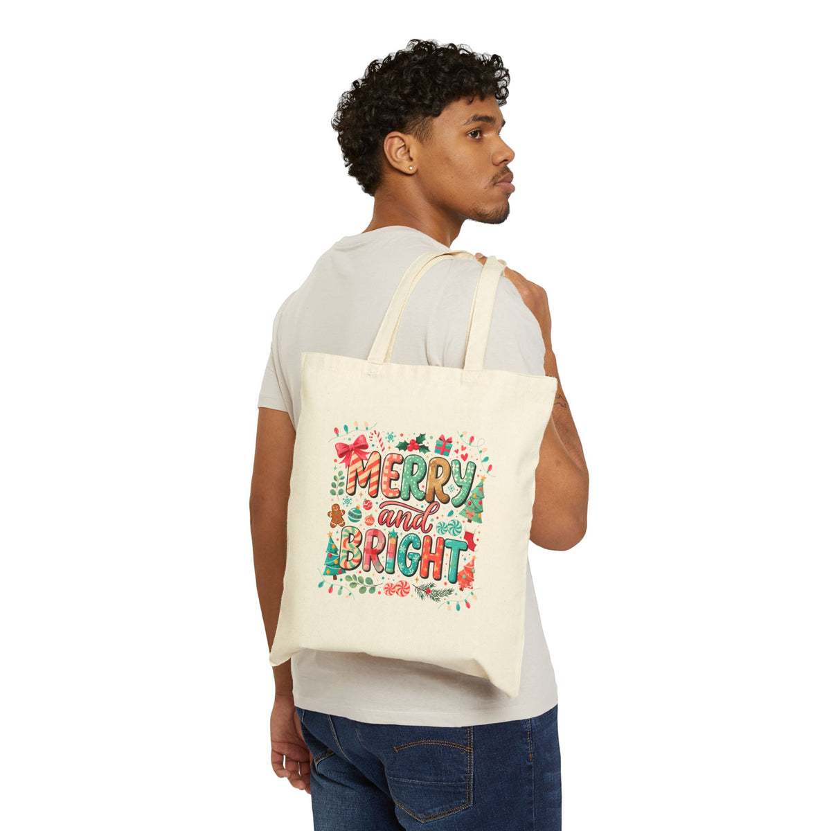 Holiday Tote Bag — “Merry and Bright” Christmas Canvas Tote