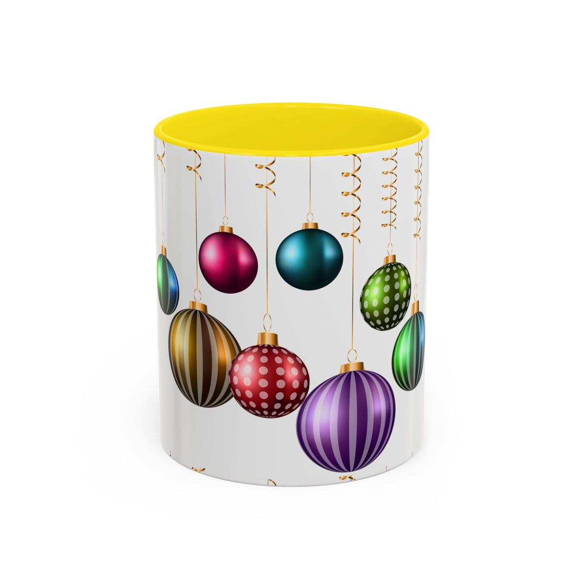 Holiday Ornament Accent Coffee Mug — Colorful Hanging Baubles 11/15oz