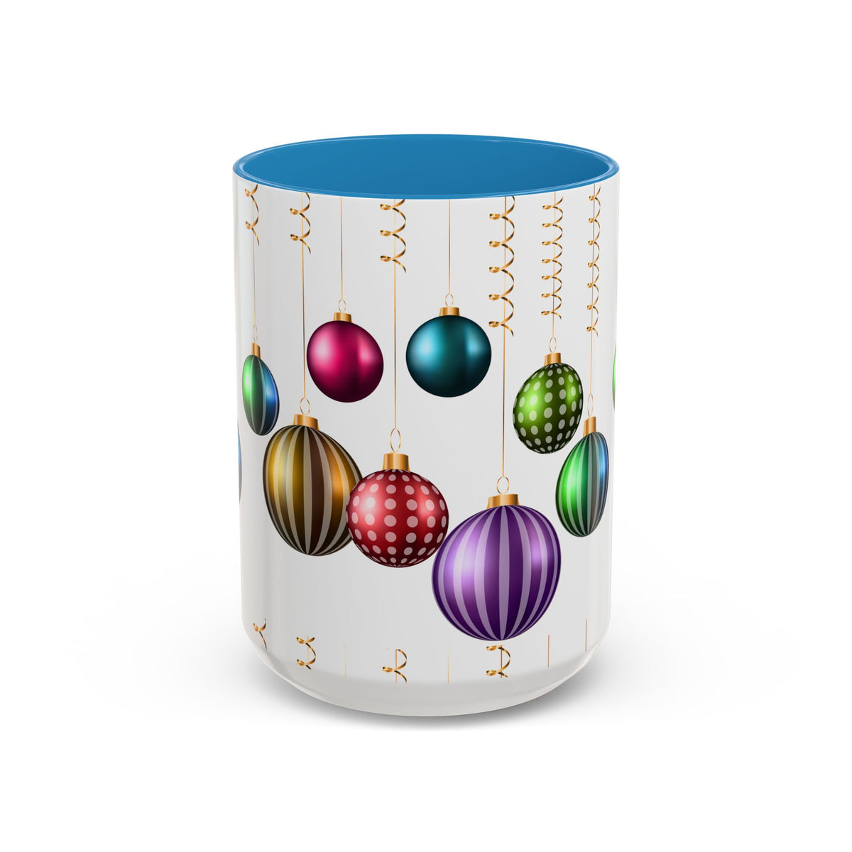 Holiday Ornament Accent Coffee Mug — Colorful Hanging Baubles 11/15oz