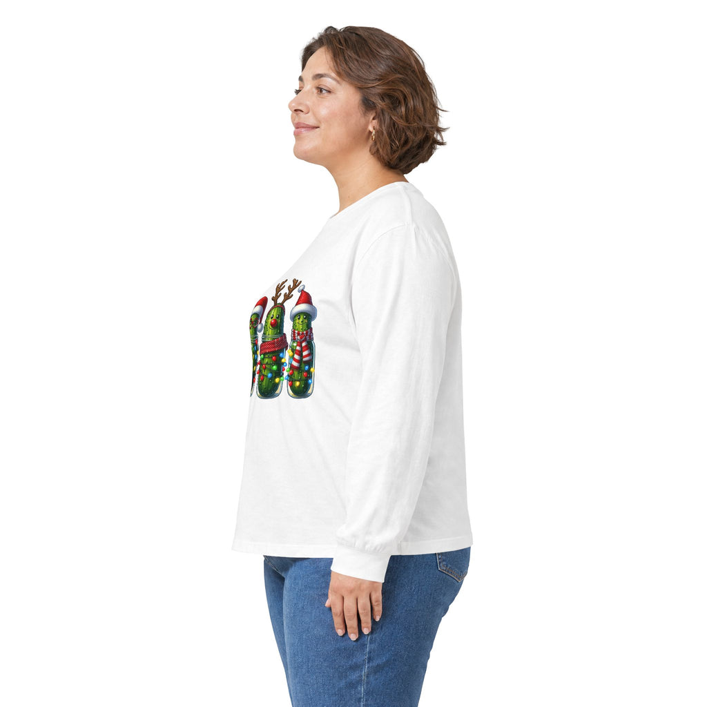 Long Sleeve Tee - Christmas Pickle Family with Santa Hat & Reindeer Holiday Design