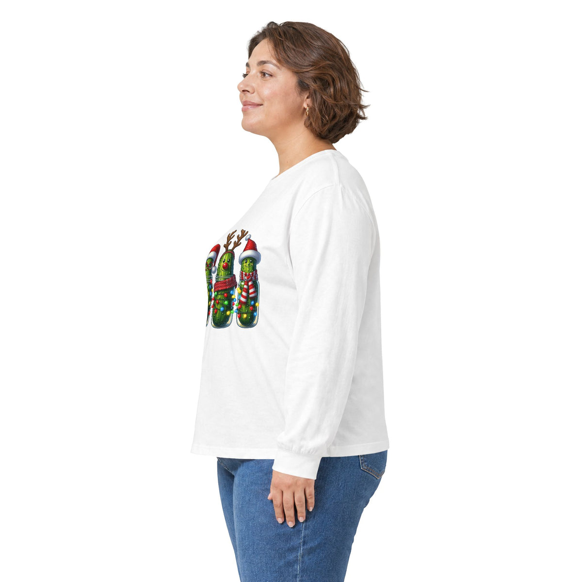 Long Sleeve Tee - Christmas Pickle Family with Santa Hat & Reindeer Holiday Design