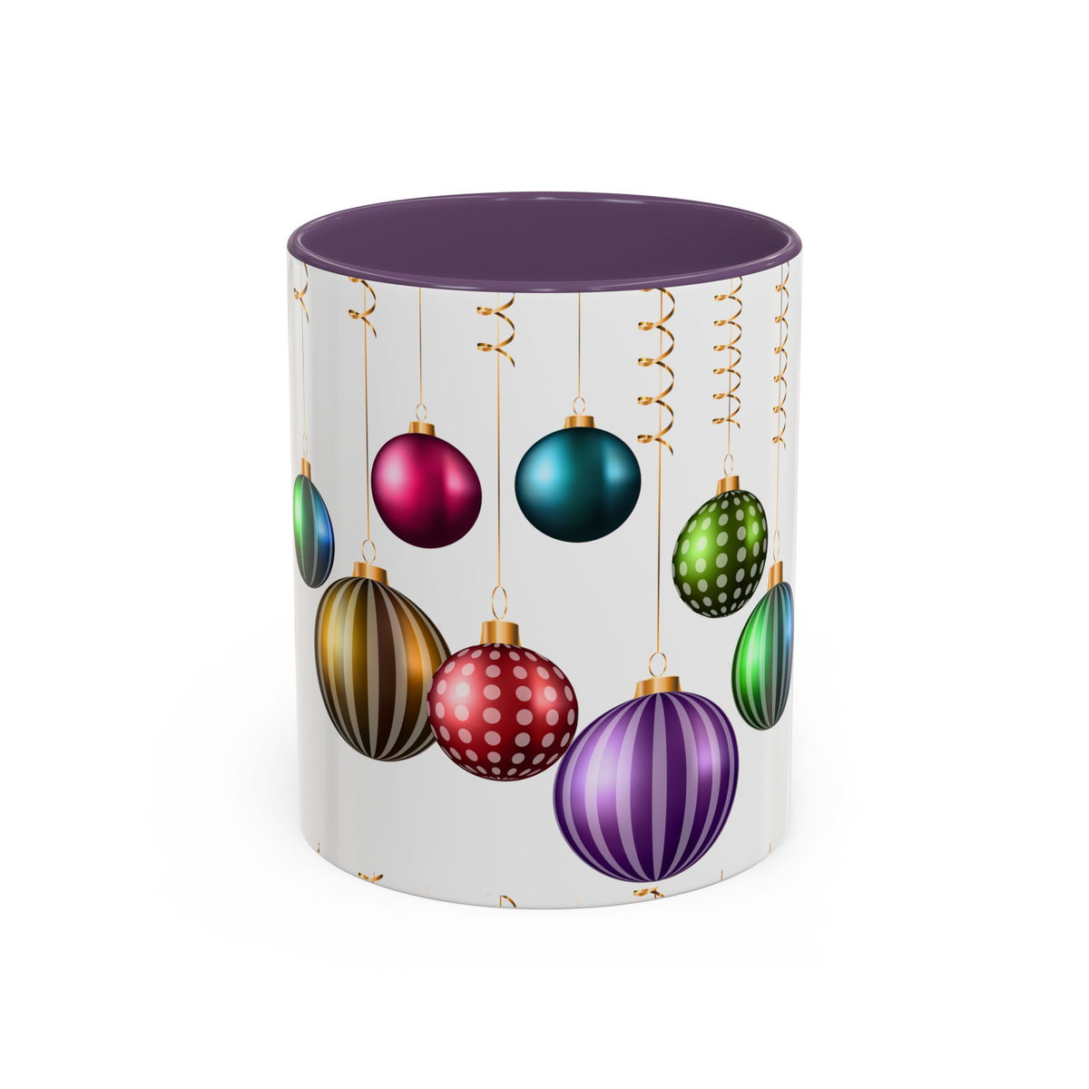 Holiday Ornament Accent Coffee Mug — Colorful Hanging Baubles 11/15oz