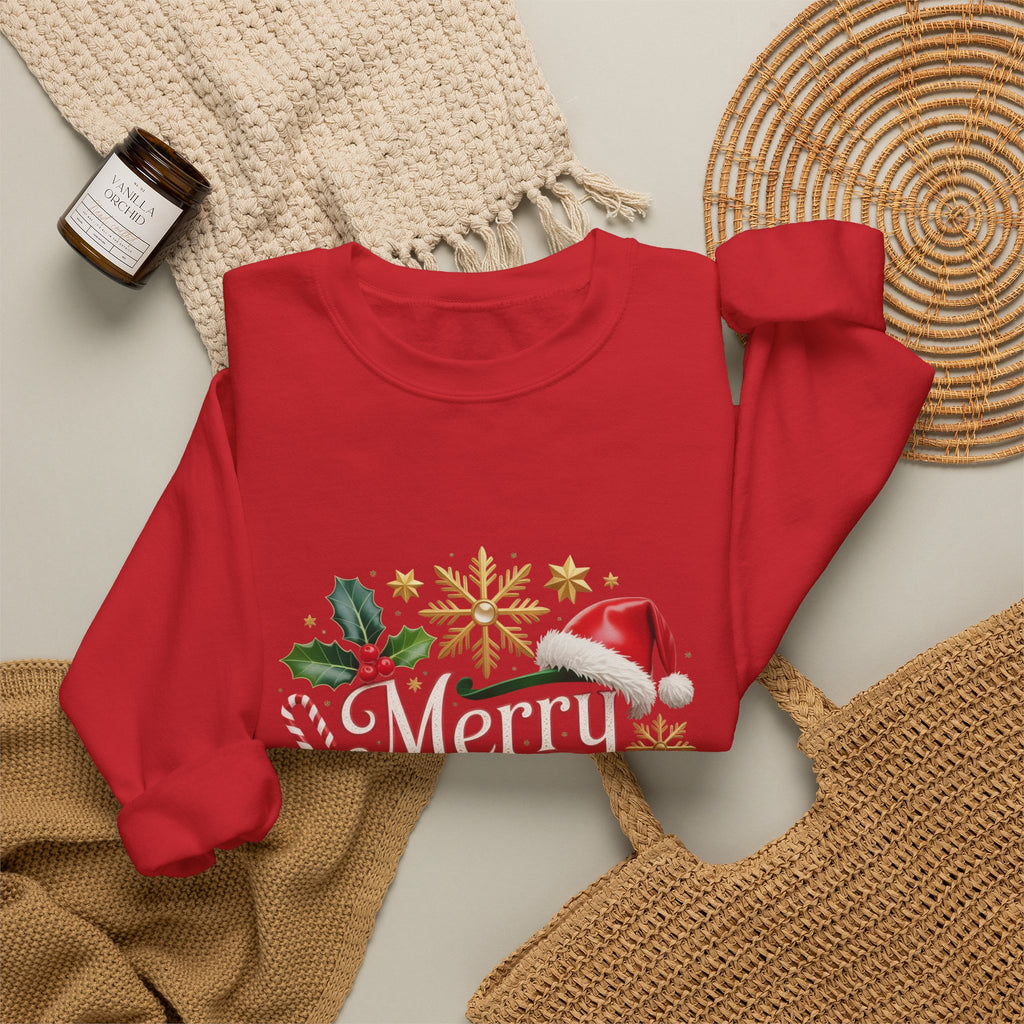 Merry Christmas Crewneck Sweatshirt — Festive Santa Hat & Holly Holiday Pullover