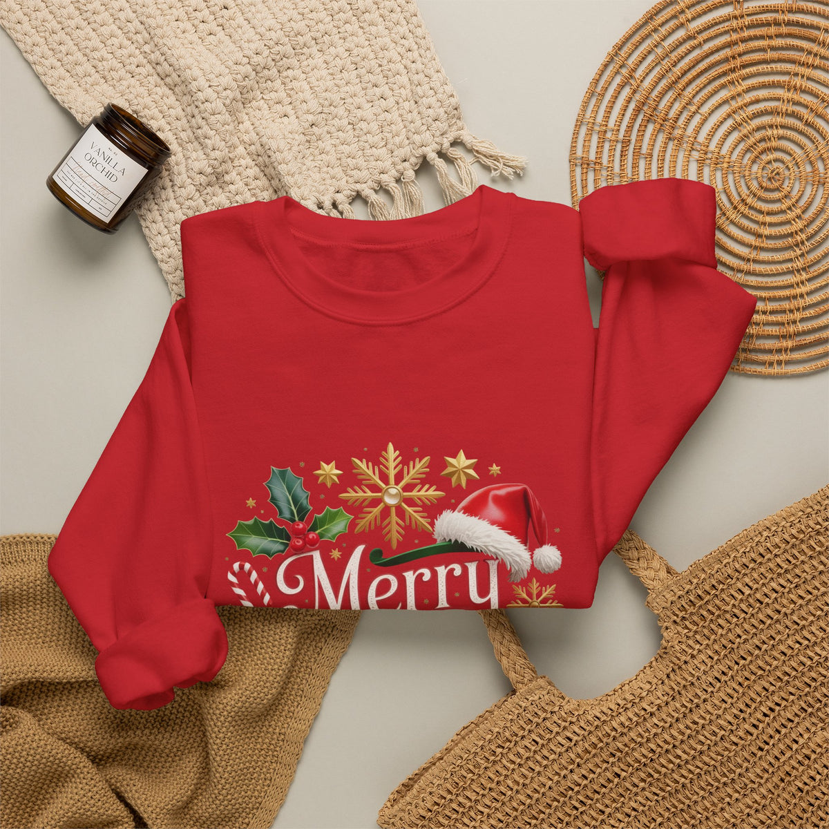 Merry Christmas Crewneck Sweatshirt — Festive Santa Hat & Holly Holiday Pullover