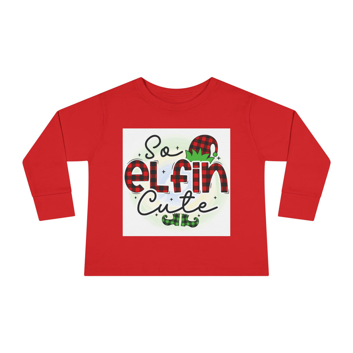 So Elfin Cute Toddler Long Sleeve Tee - Plaid Elf Hat Christmas Shirt
