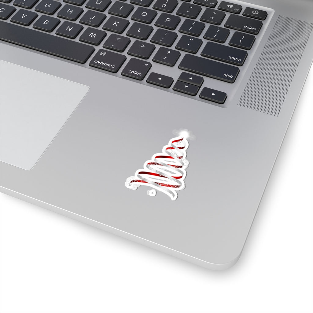 Christmas Ribbon Tree Sticker — Red & White Spiral Holiday Kiss-Cut Sticker