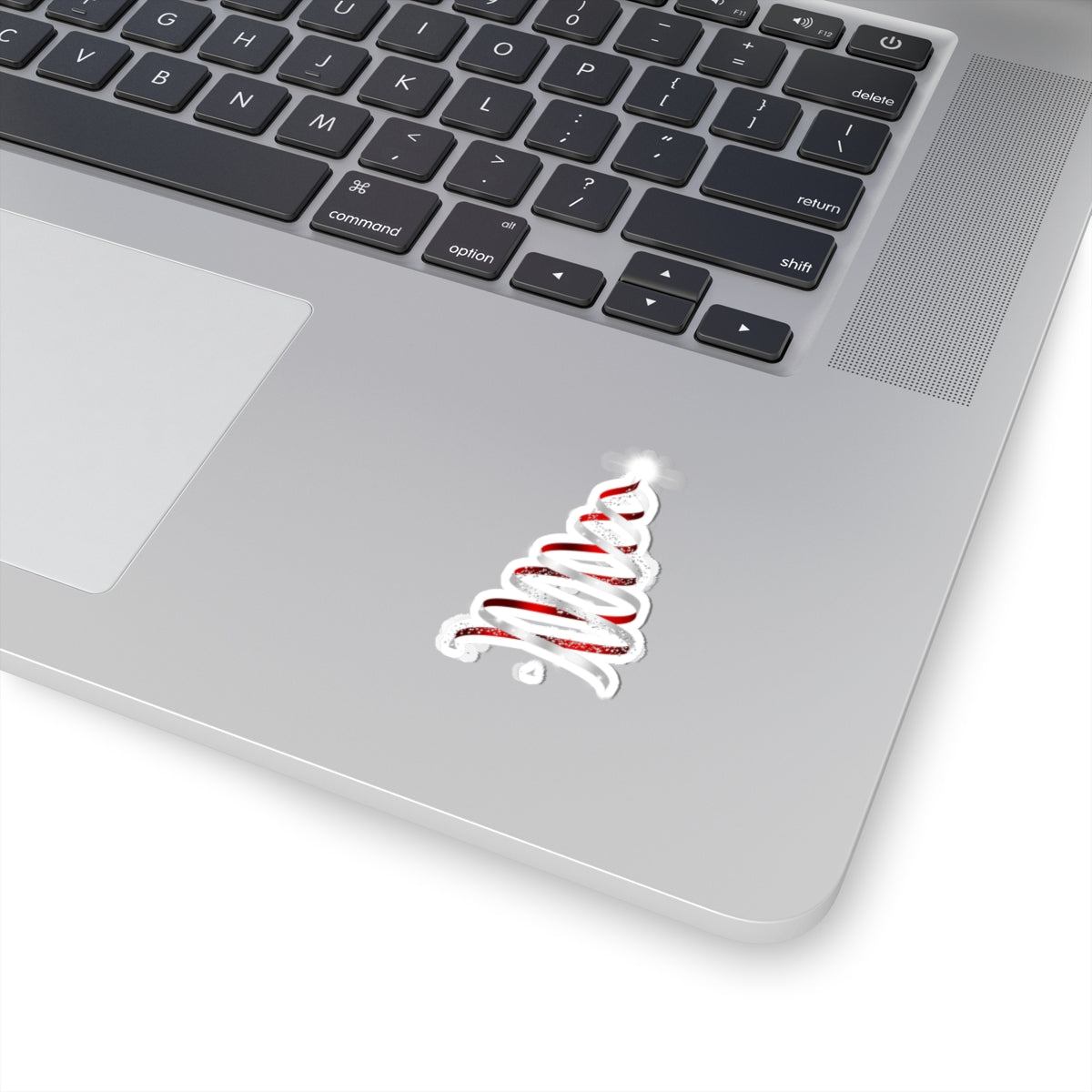 Christmas Ribbon Tree Sticker — Red & White Spiral Holiday Kiss-Cut Sticker