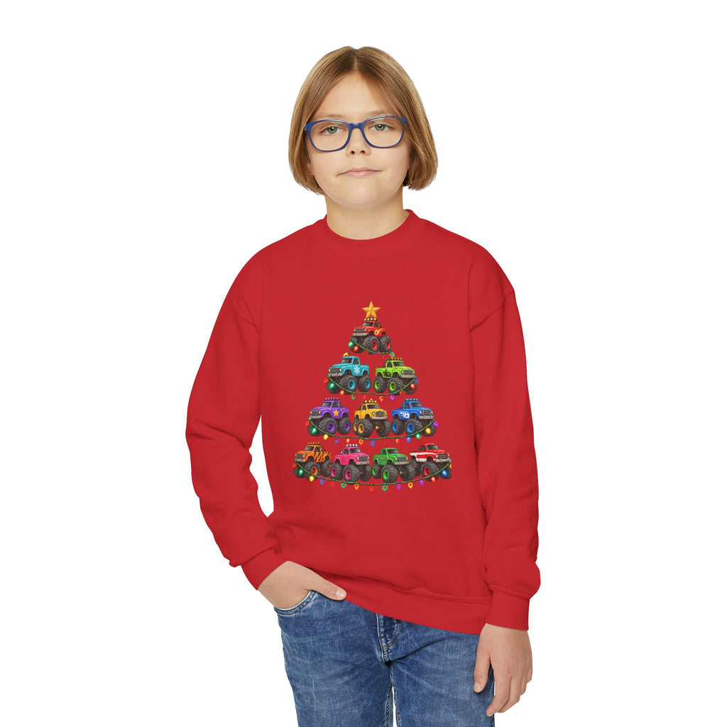 Youth Crewneck Sweatshirt — Colorful Monster Truck Christmas Tree Holiday Sweatshirt