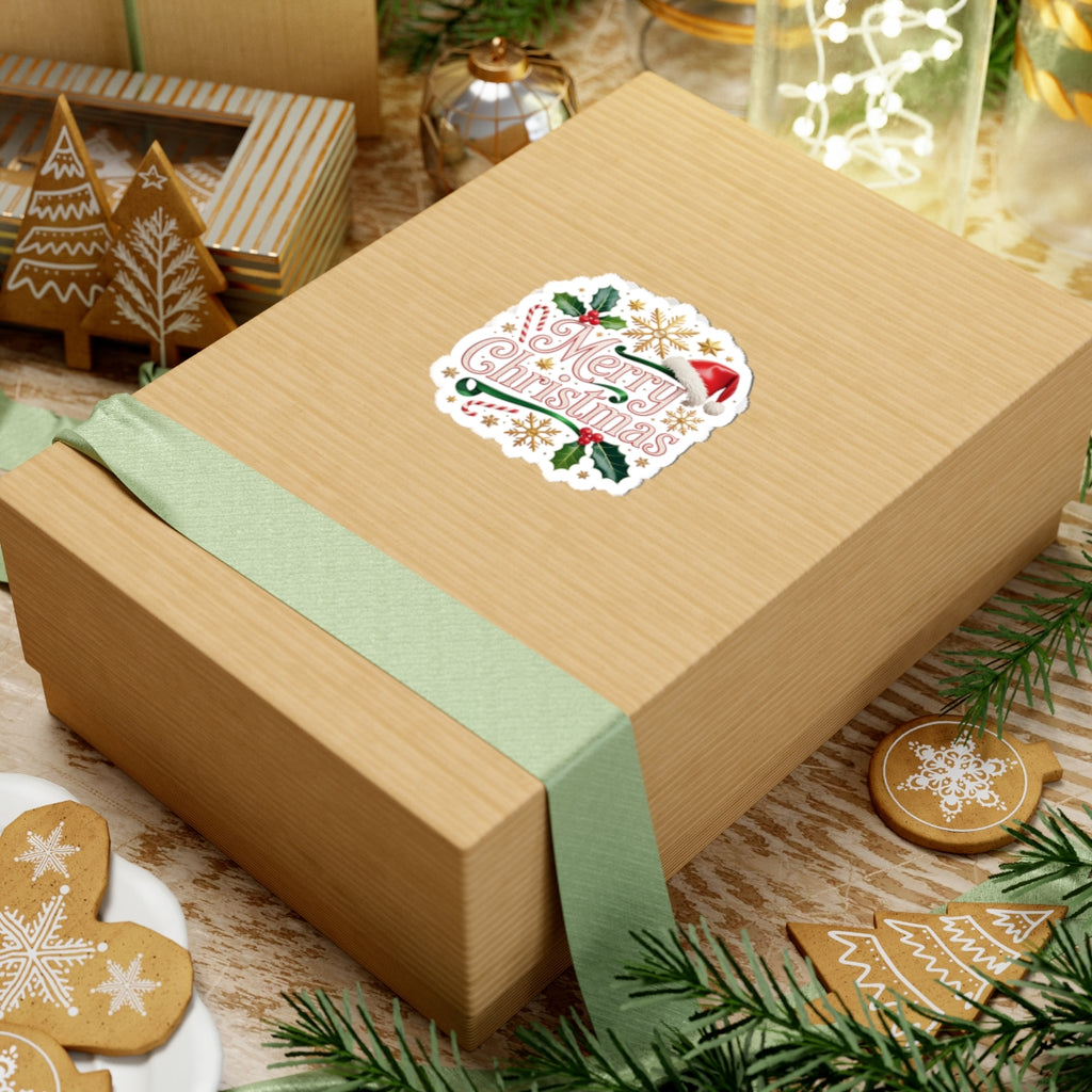 Merry Christmas Holiday Sticker — Festive Santa Hat & Holly Kiss-Cut Sticker