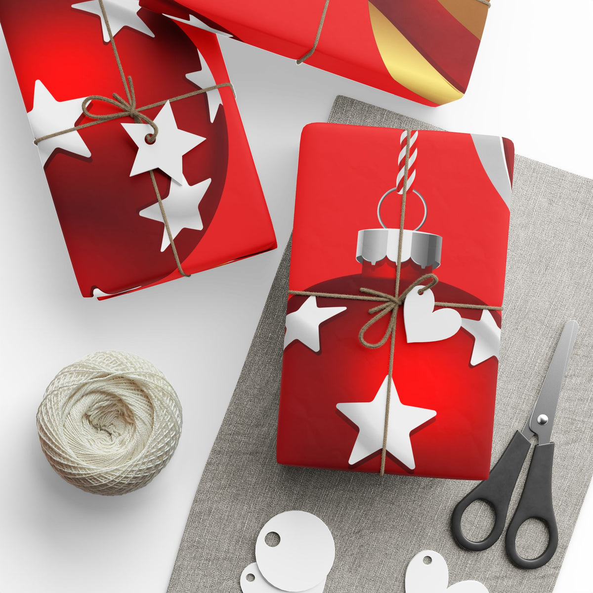 Christmas Ornament Wrapping Paper – Red Holiday Gift Wrap with Hanging Baubles