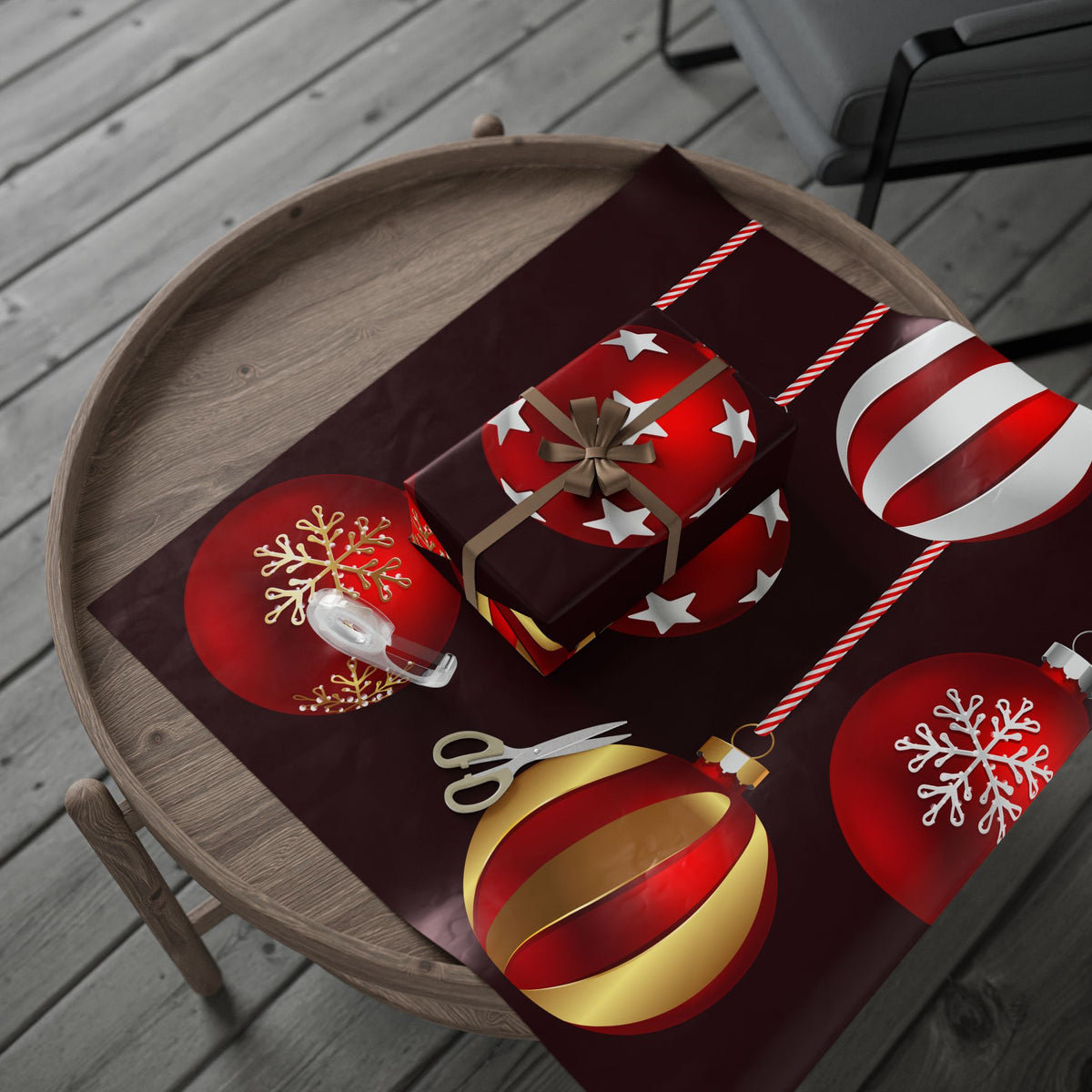 Christmas Ornament Wrapping Paper – Red & Gold Holiday Gift Wrap Roll