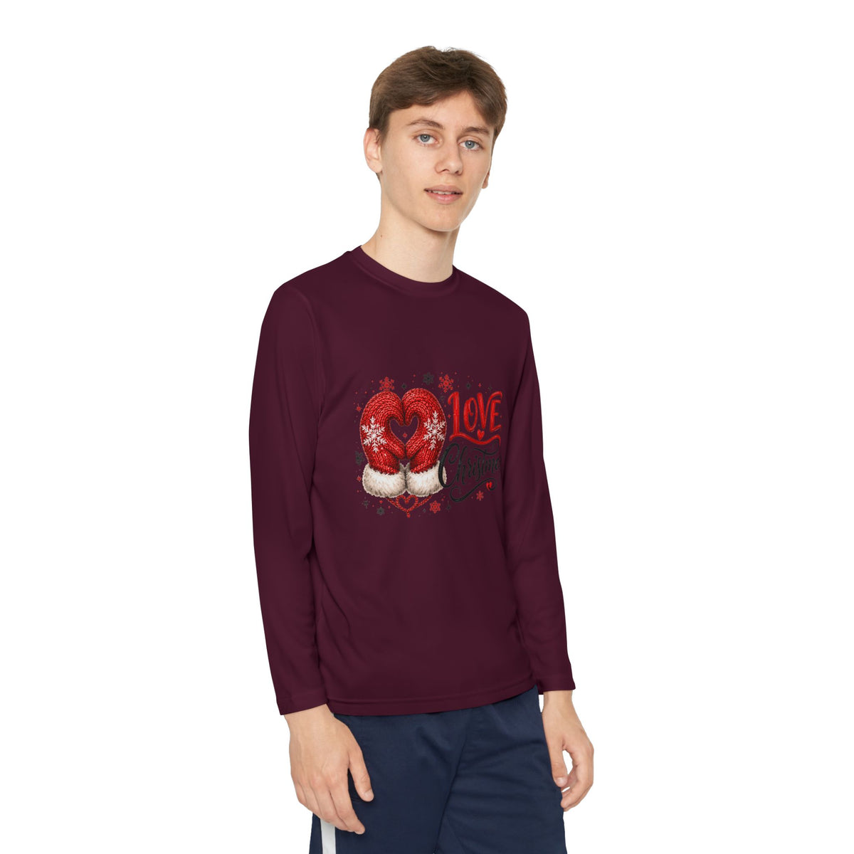 Youth Long Sleeve Tee - "Love Christmas" Festive Heart Gnome Design
