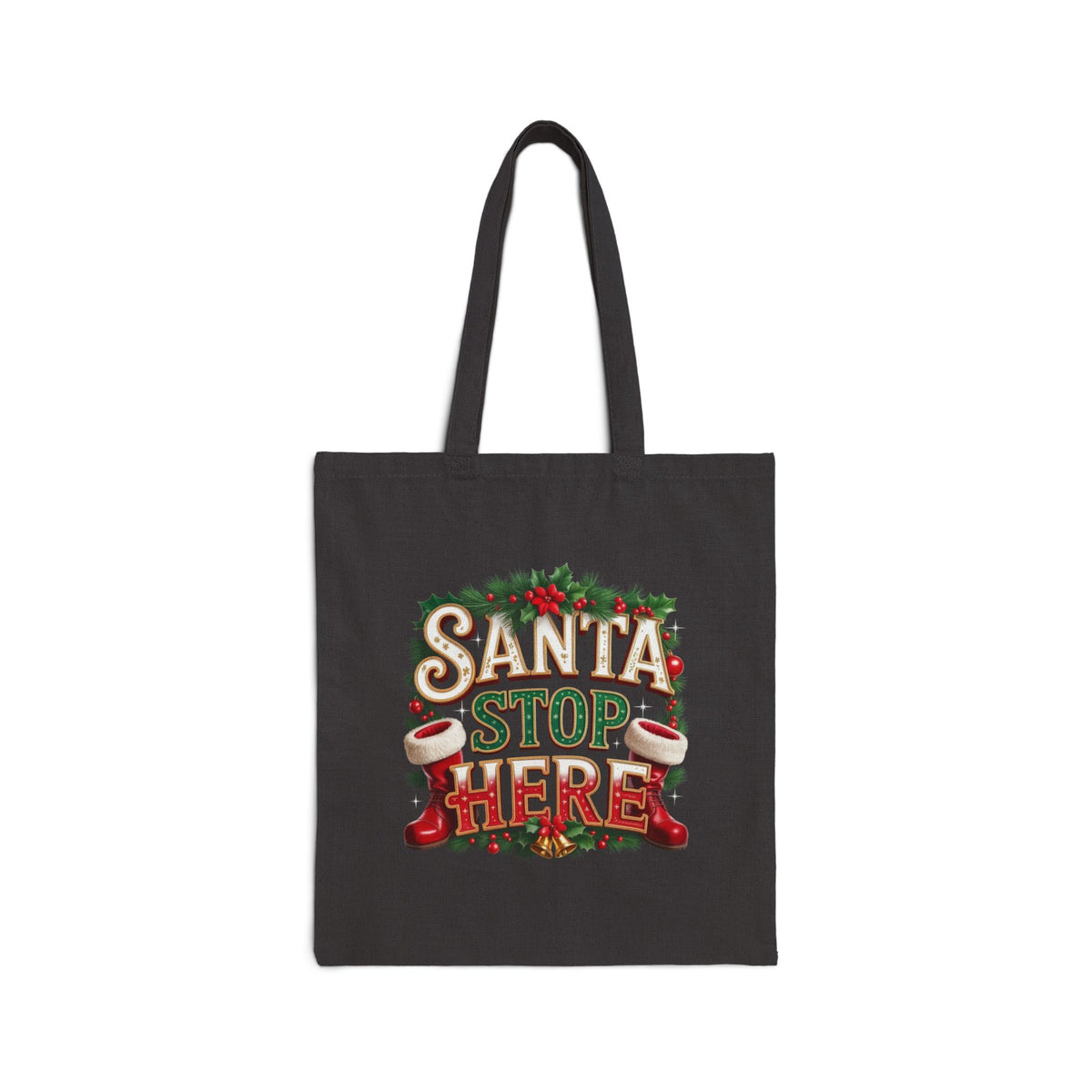 Santa Stop Here Tote Bag — Christmas Holiday Canvas Gift Bag