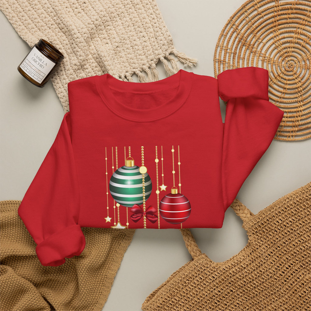 Holiday Ornaments Crewneck Sweatshirt — Hanging Baubles & Stars Christmas Sweater
