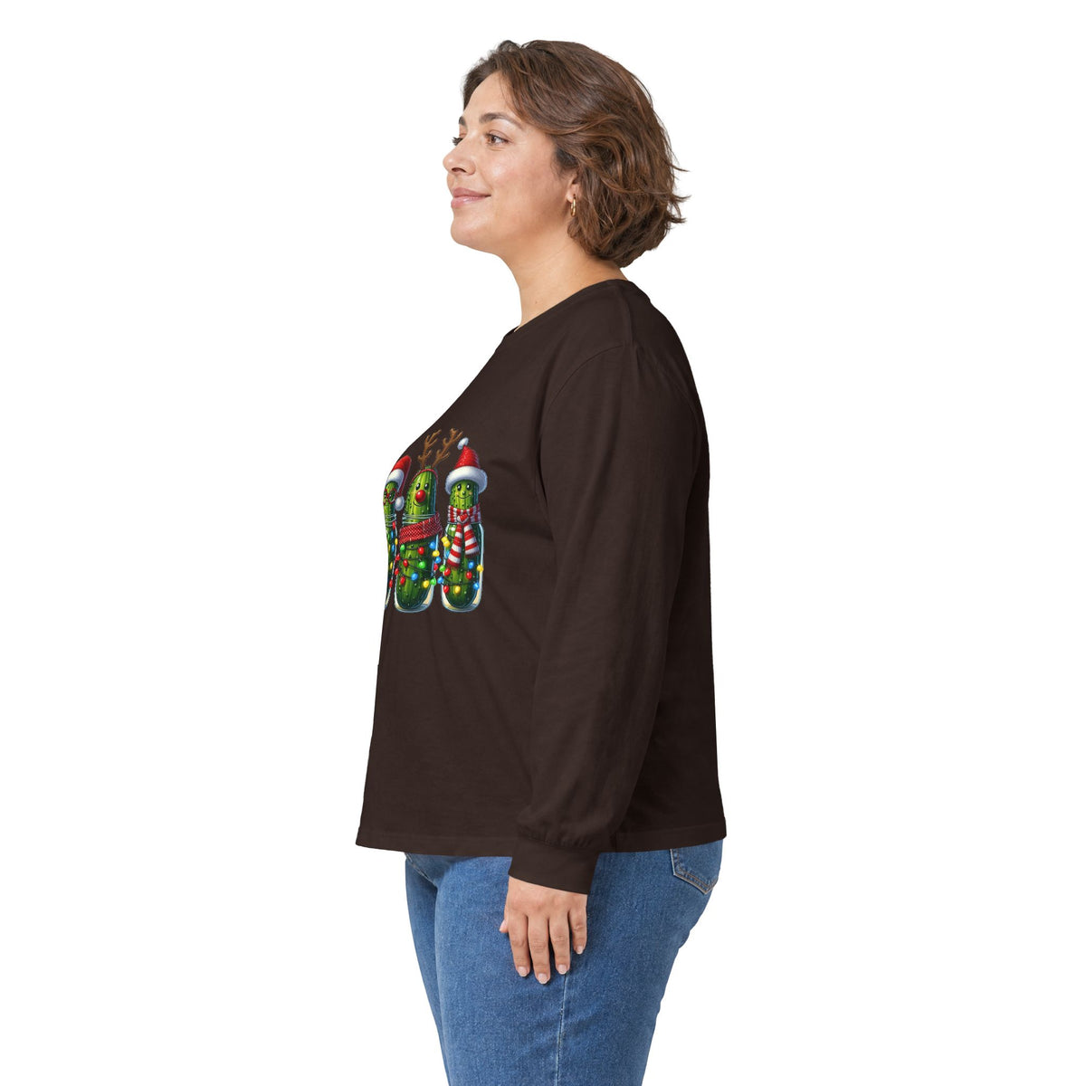 Long Sleeve Tee - Christmas Pickle Family with Santa Hat & Reindeer Holiday Design