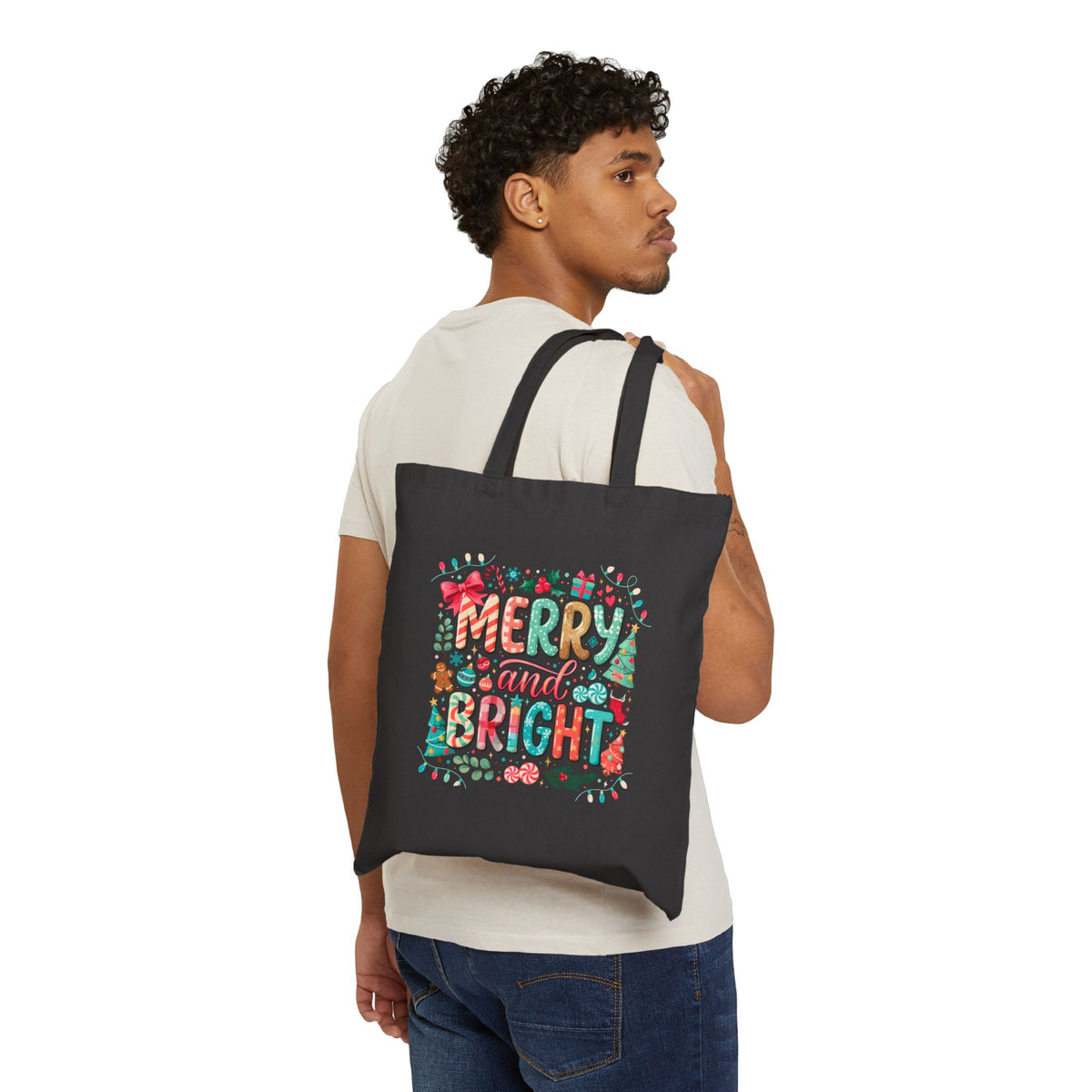 Holiday Tote Bag — “Merry and Bright” Christmas Canvas Tote