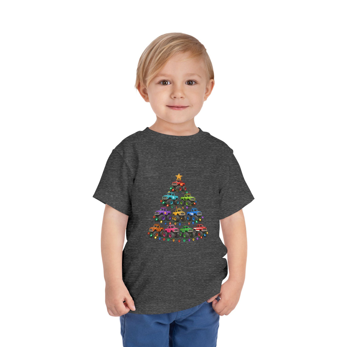 Toddler Tee — Colorful Monster Truck Christmas Tree Holiday Shirt